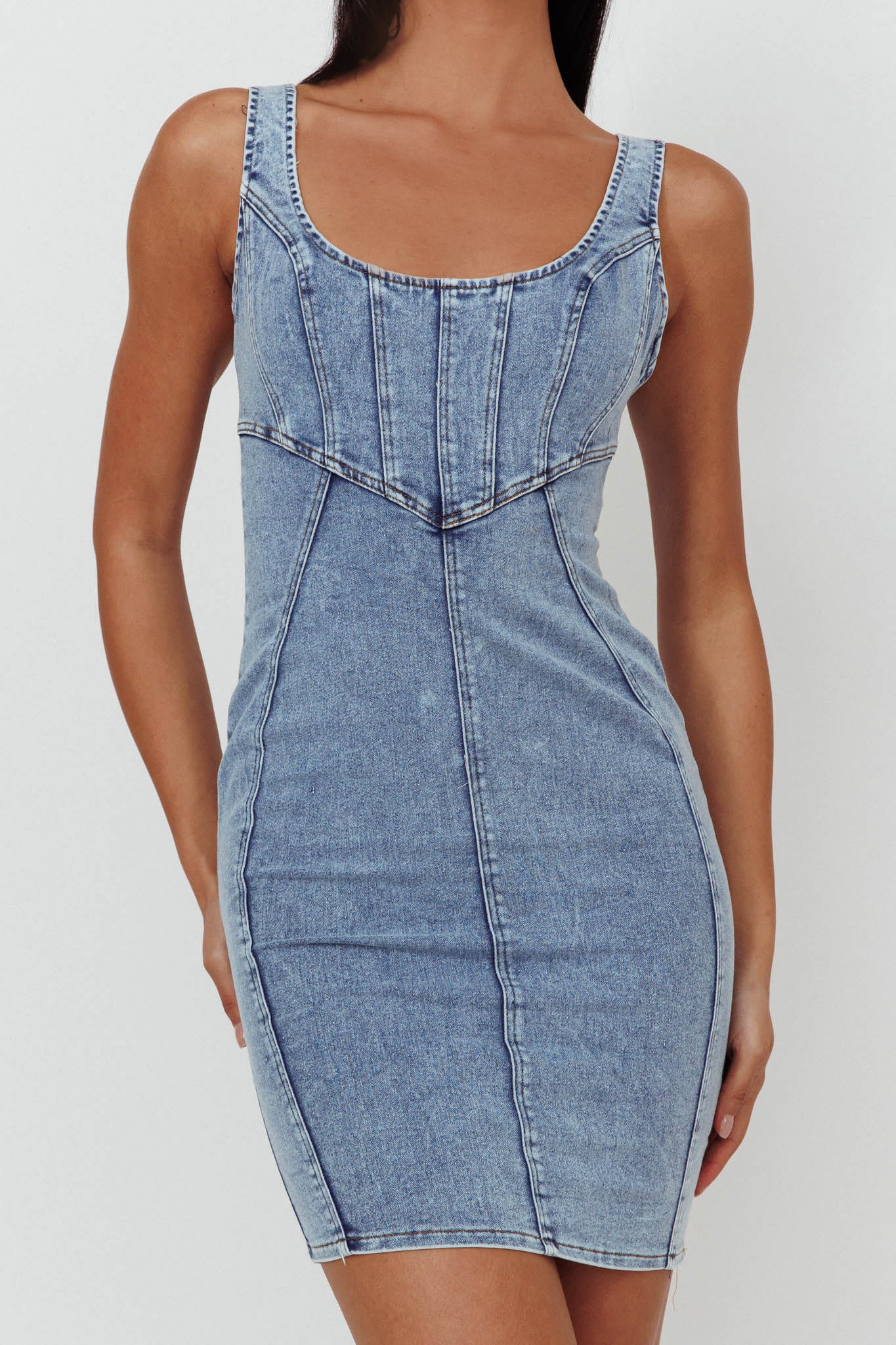 Laramy Low Back Mini Dress Washed Blue - Image 4