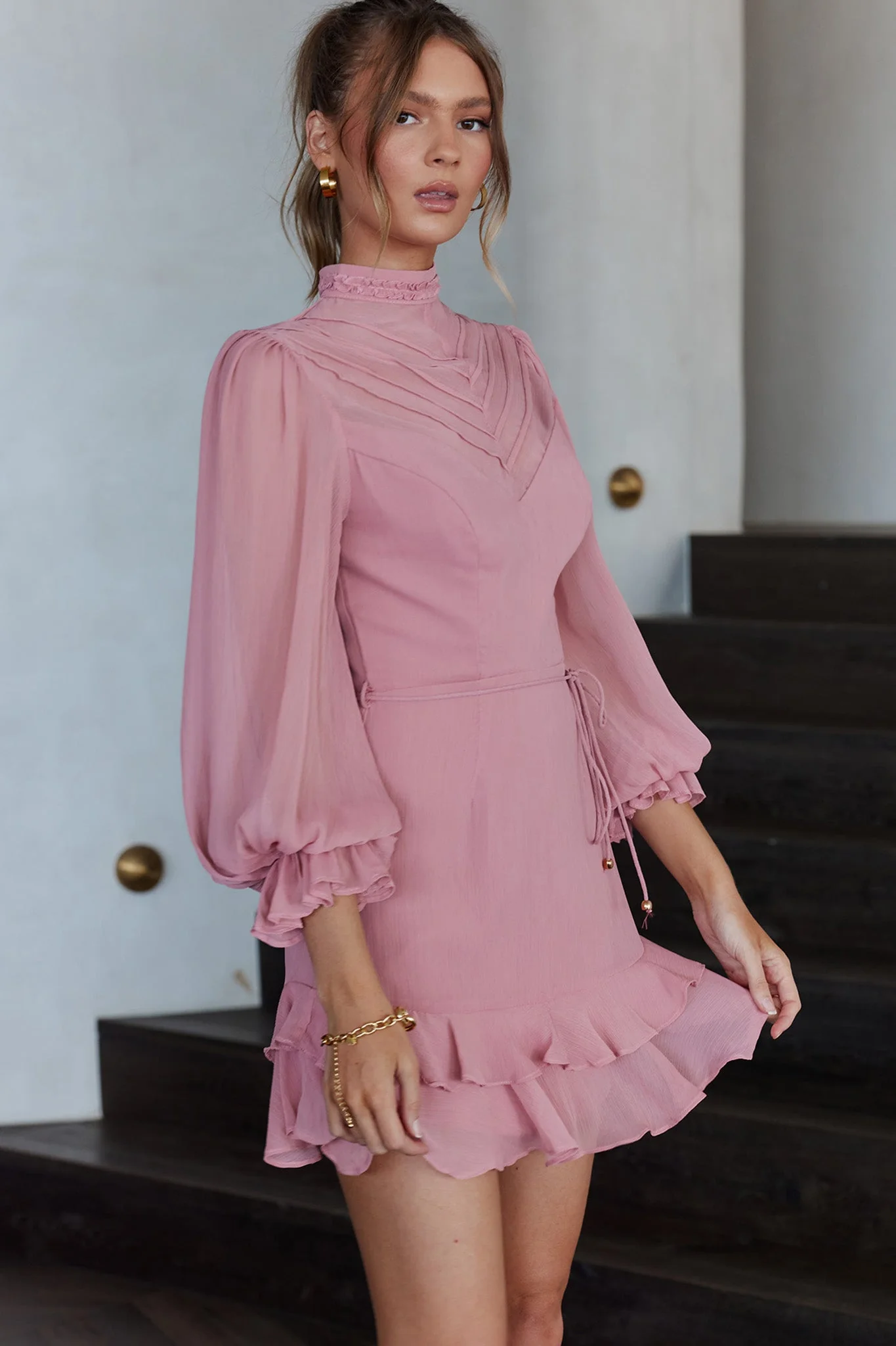 Lark High Neck Balloon Sleeve Dress Blush - Image 4
