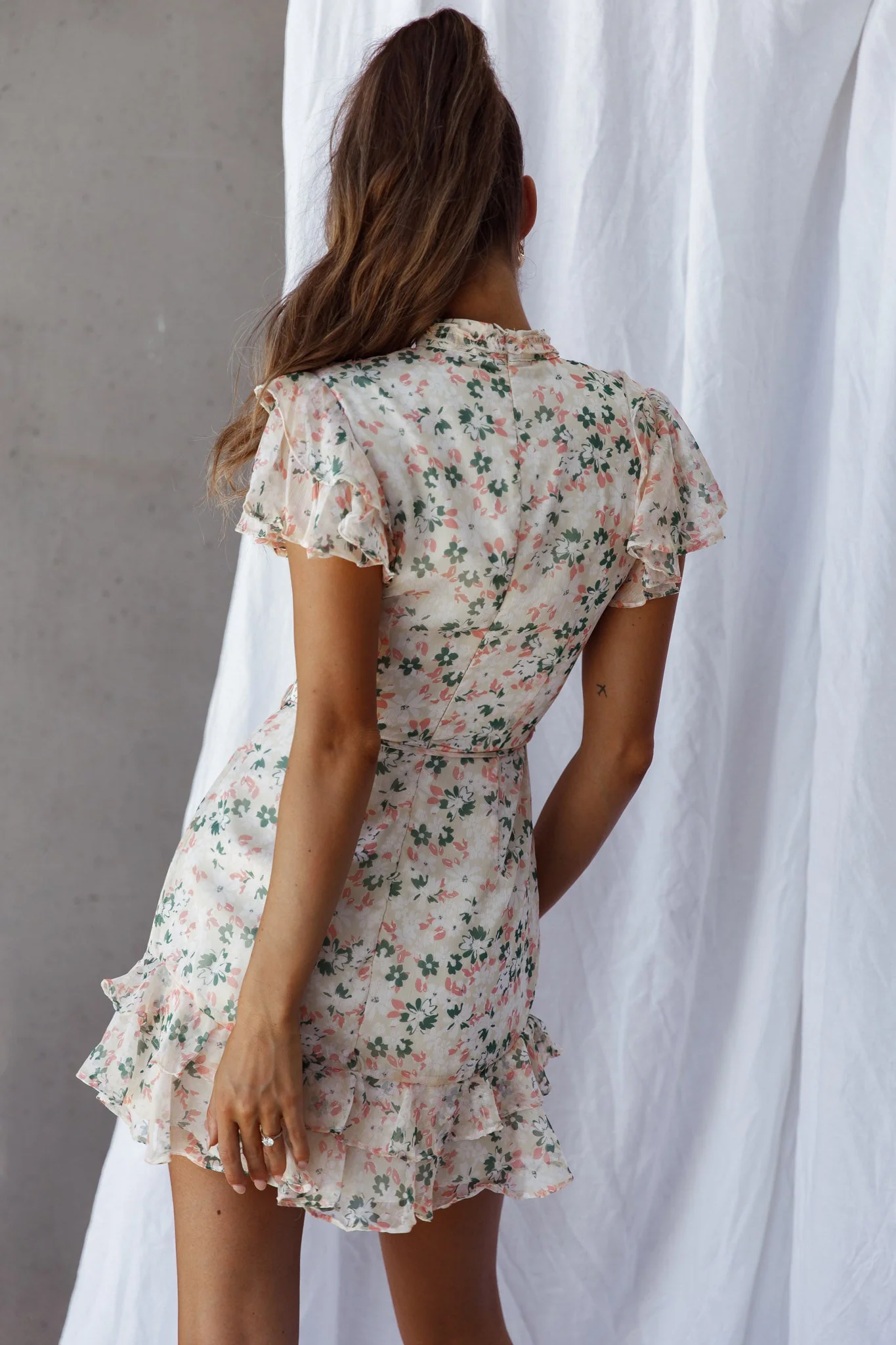 Lark High Neck Ruffle Sleeve Dress Flower Print Yellow - Image 2