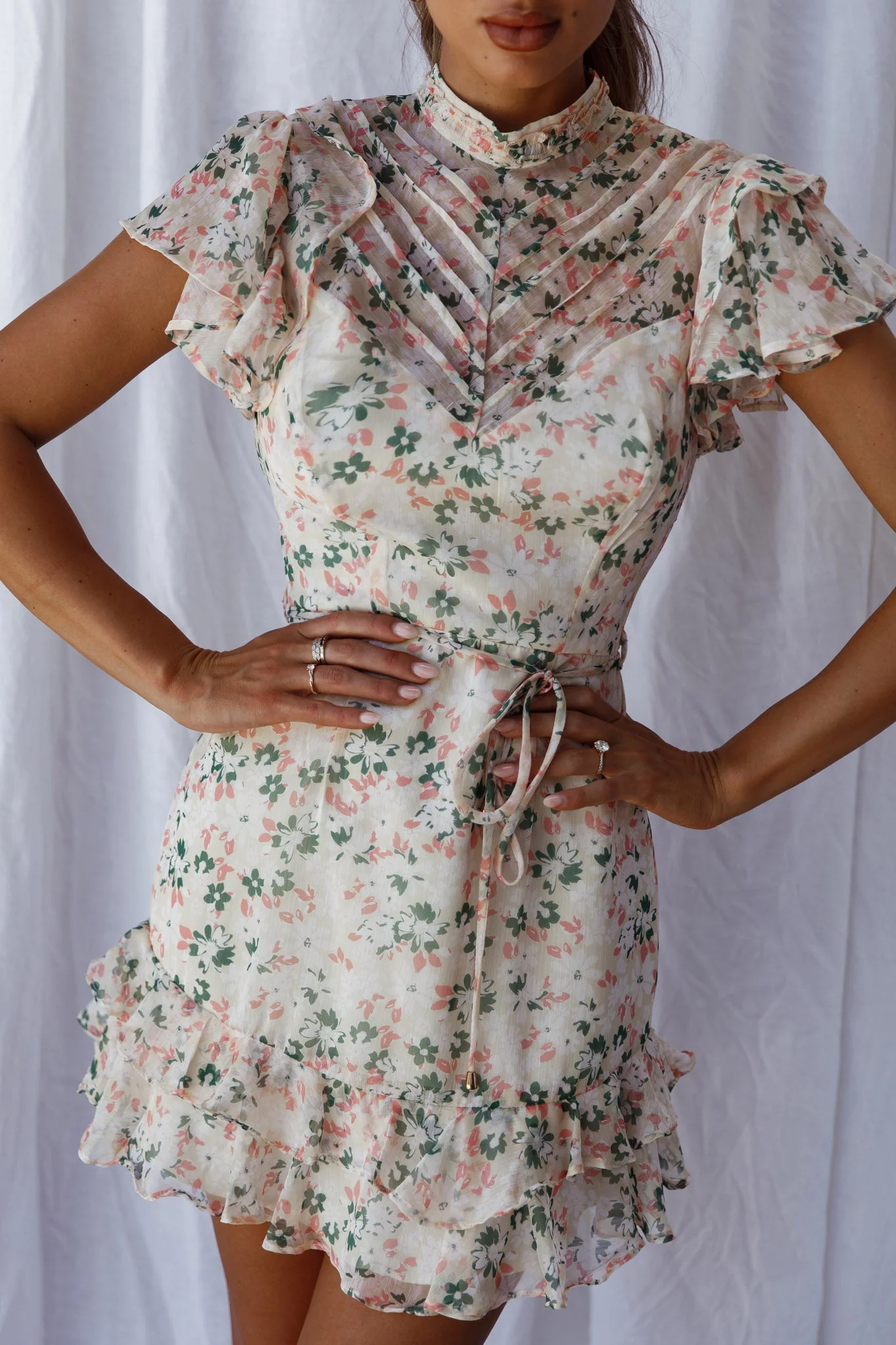 Lark High Neck Ruffle Sleeve Dress Flower Print Yellow - Image 4