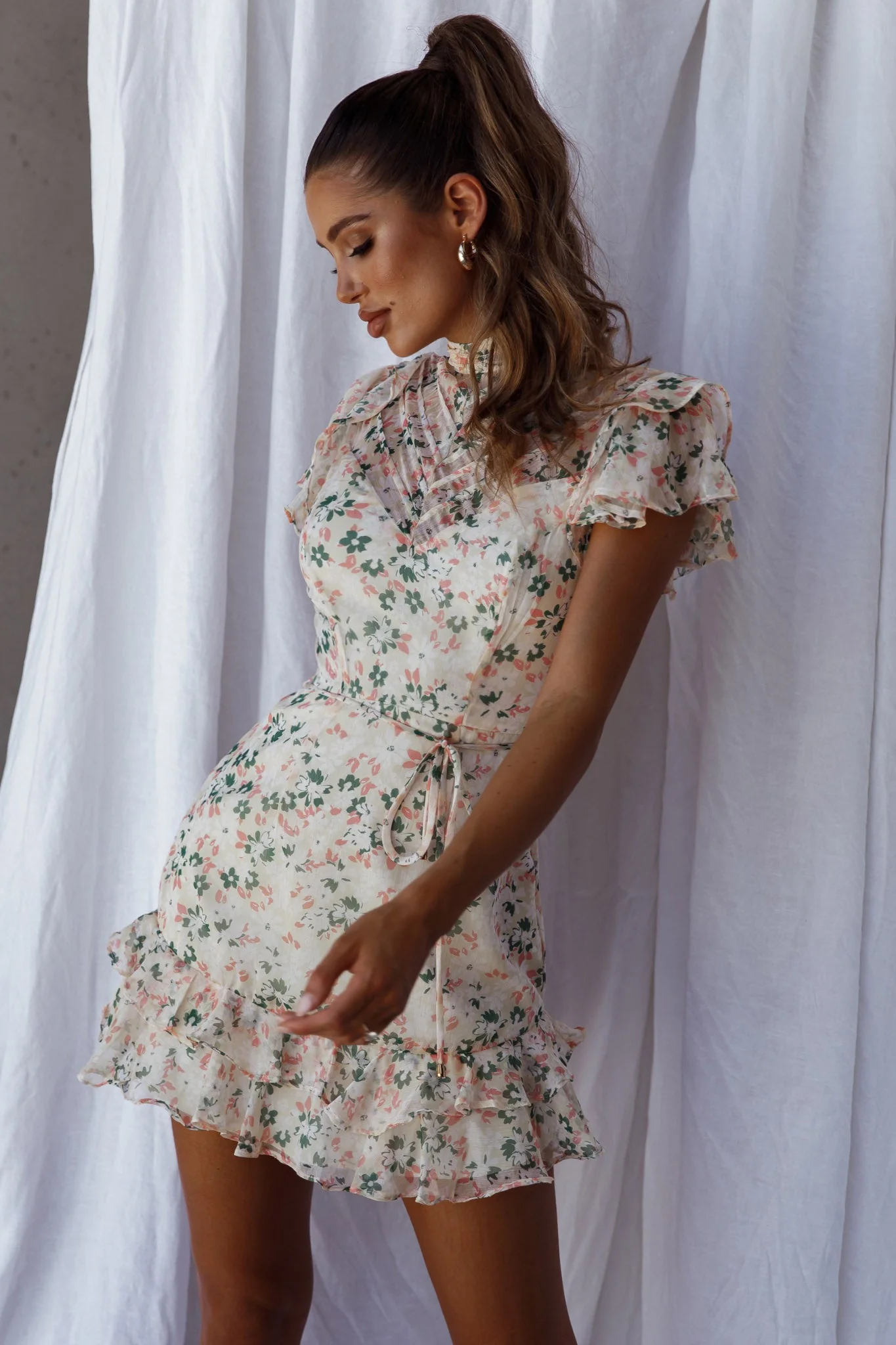 Lark High Neck Ruffle Sleeve Dress Flower Print Yellow - Image 7