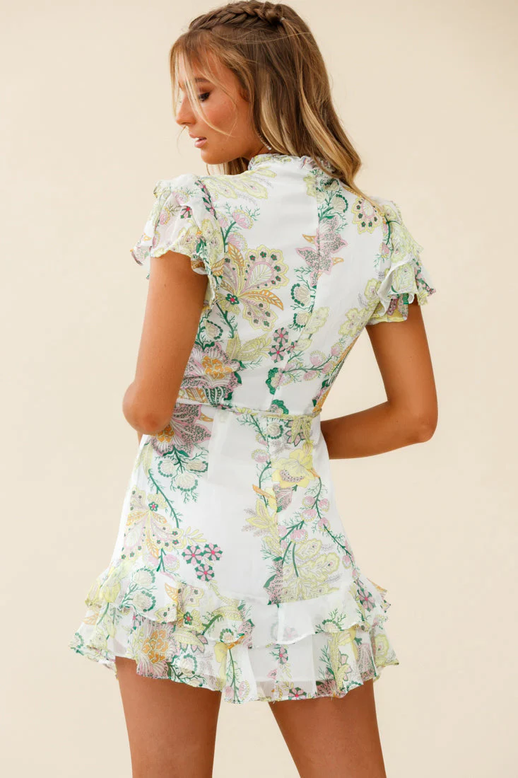 Lark High Neck Ruffle Sleeve Floral Print Dress Green - Image 2