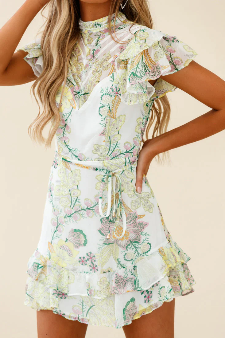 Lark High Neck Ruffle Sleeve Floral Print Dress Green - Image 6