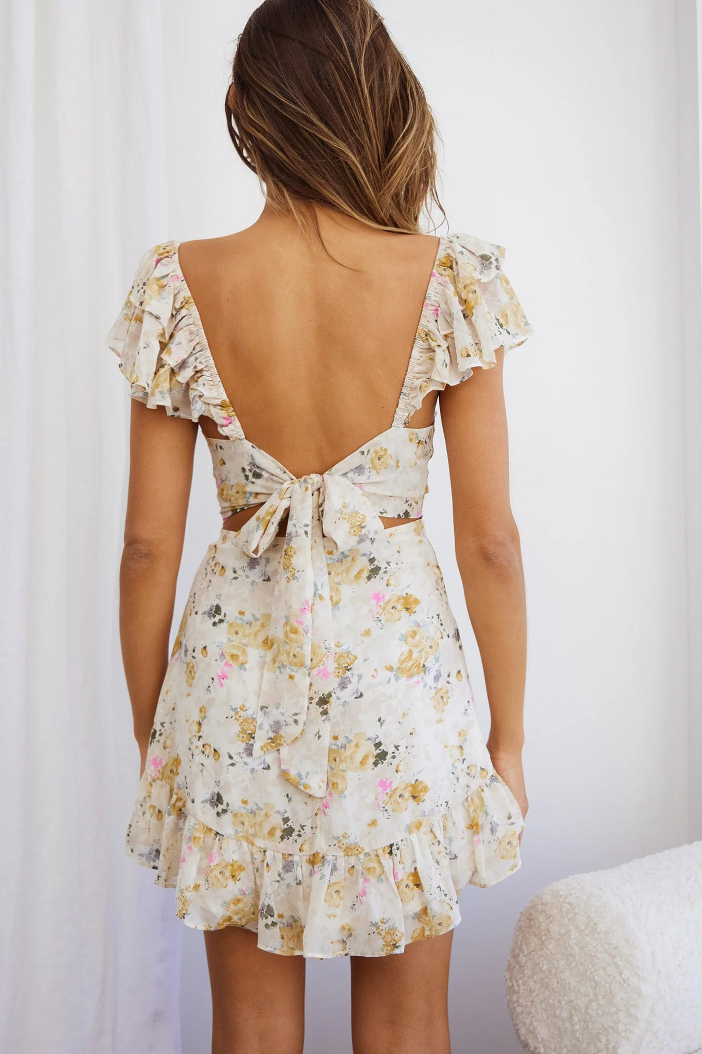 Lazy Sunday Frill Shoulder Tie-Up Back Dress Floral Print Beige - Image 2