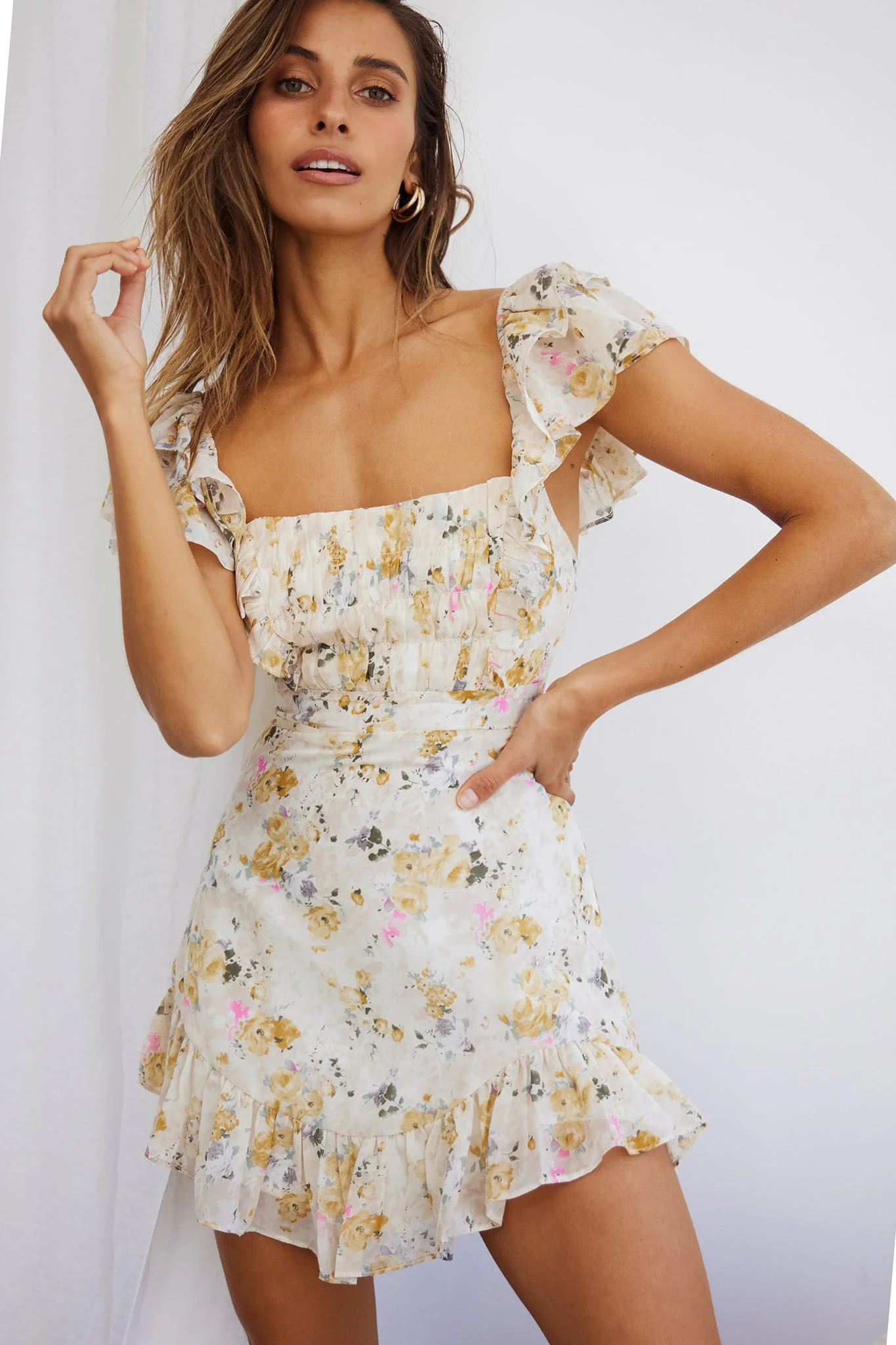 Lazy Sunday Frill Shoulder Tie-Up Back Dress Floral Print Beige - Image 4