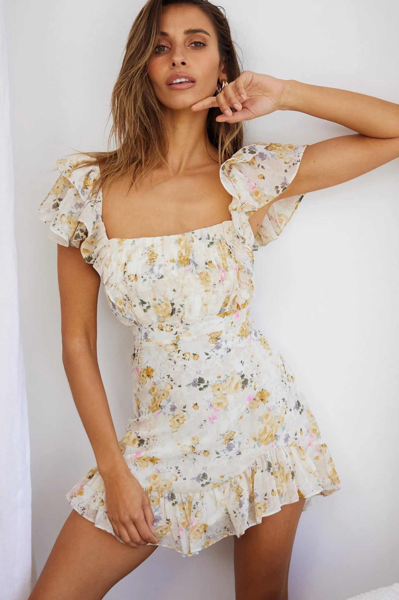 Lazy Sunday Frill Shoulder Tie-Up Back Dress Floral Print Beige - Image 7