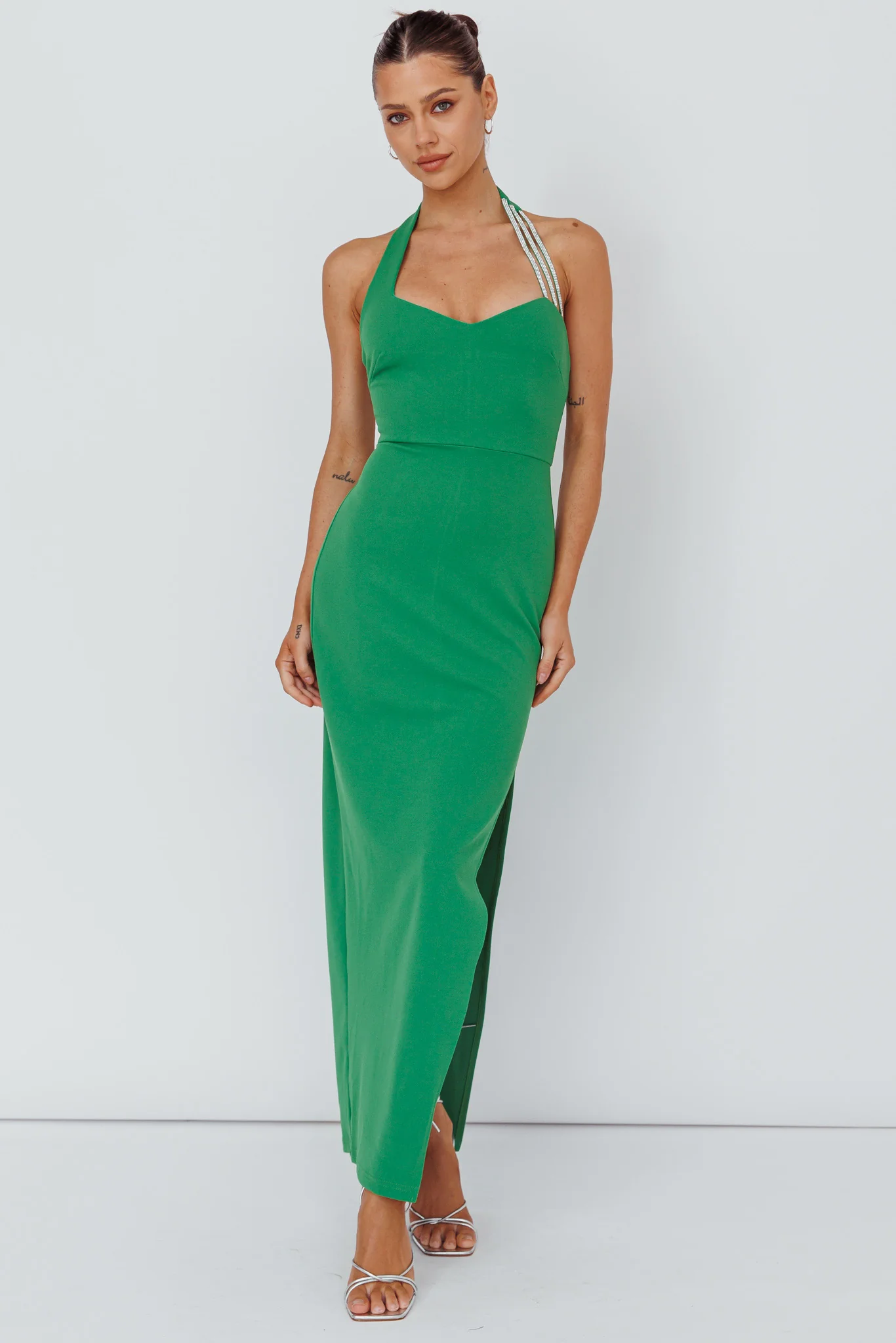 Leading Role Diamante Strap Halter Dress Green - Image 5