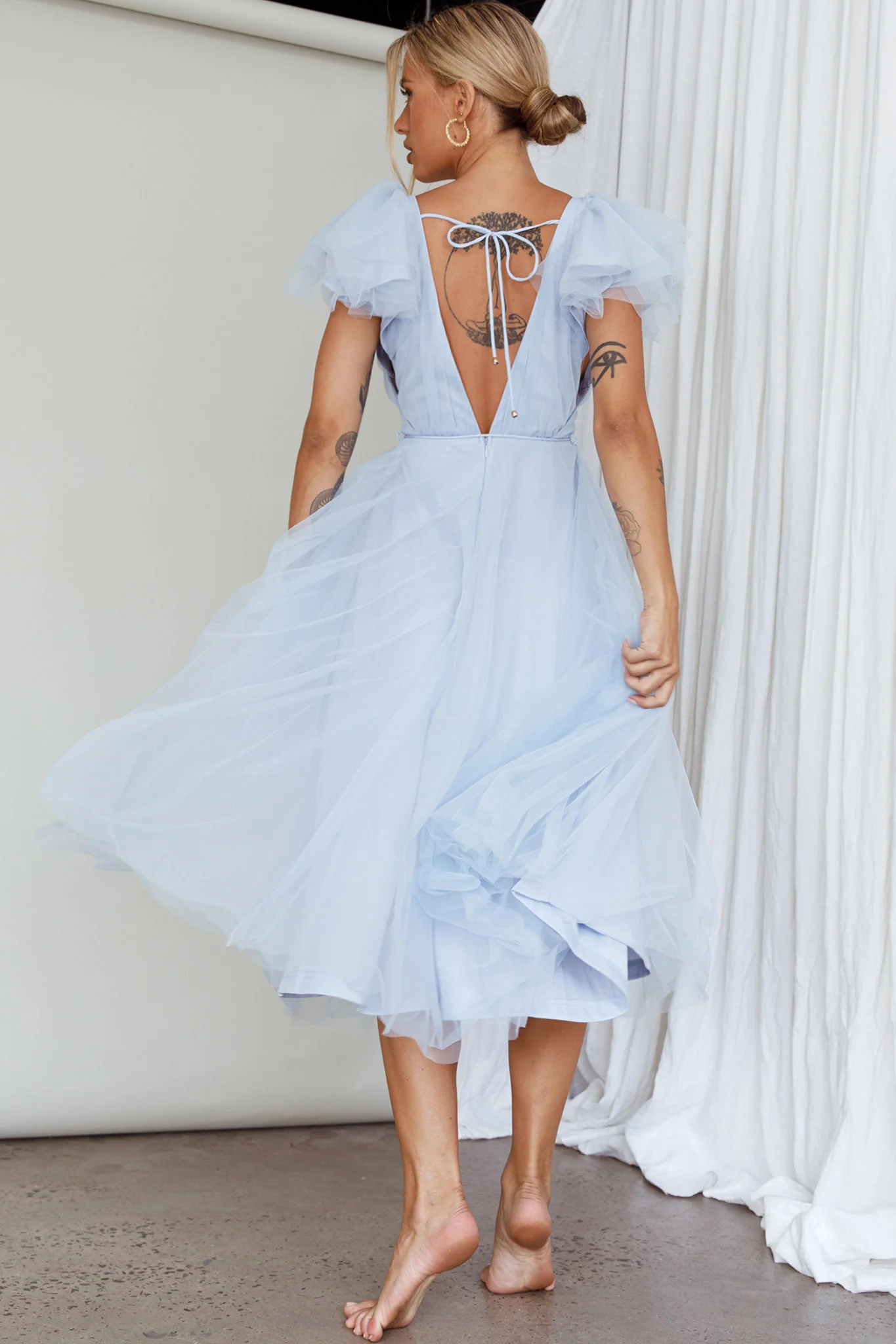 Leap Of Faith Frill Shoulder Tulle Midi Dress Blue - Image 2