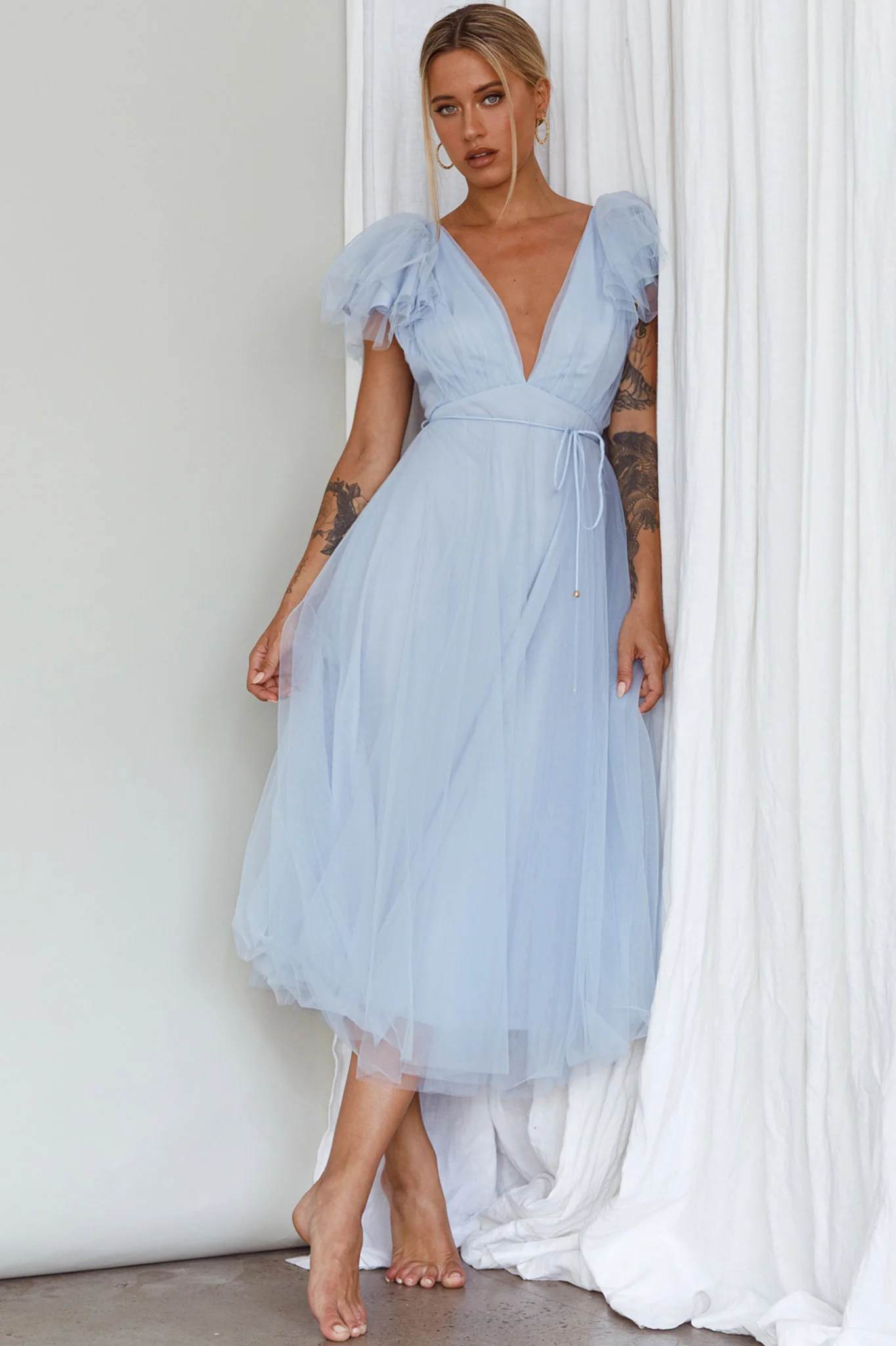 Leap Of Faith Frill Shoulder Tulle Midi Dress Blue - Image 3