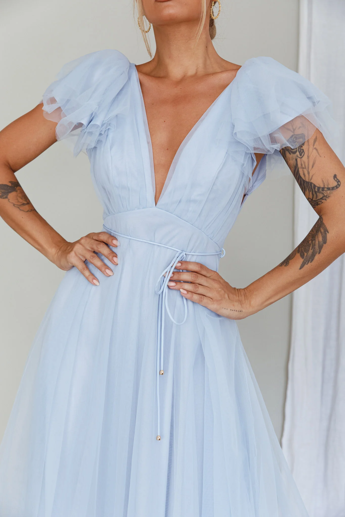Leap Of Faith Frill Shoulder Tulle Midi Dress Blue - Image 4