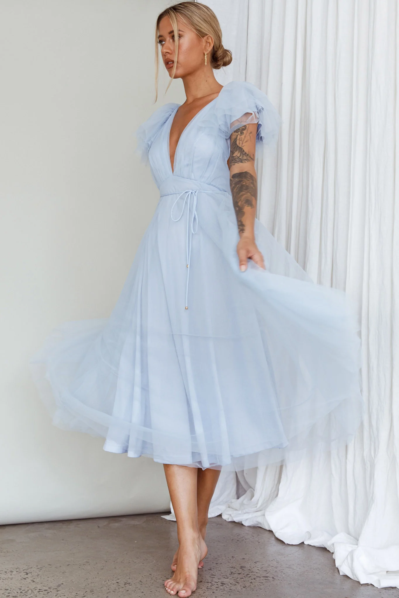 Leap Of Faith Frill Shoulder Tulle Midi Dress Blue - Image 5