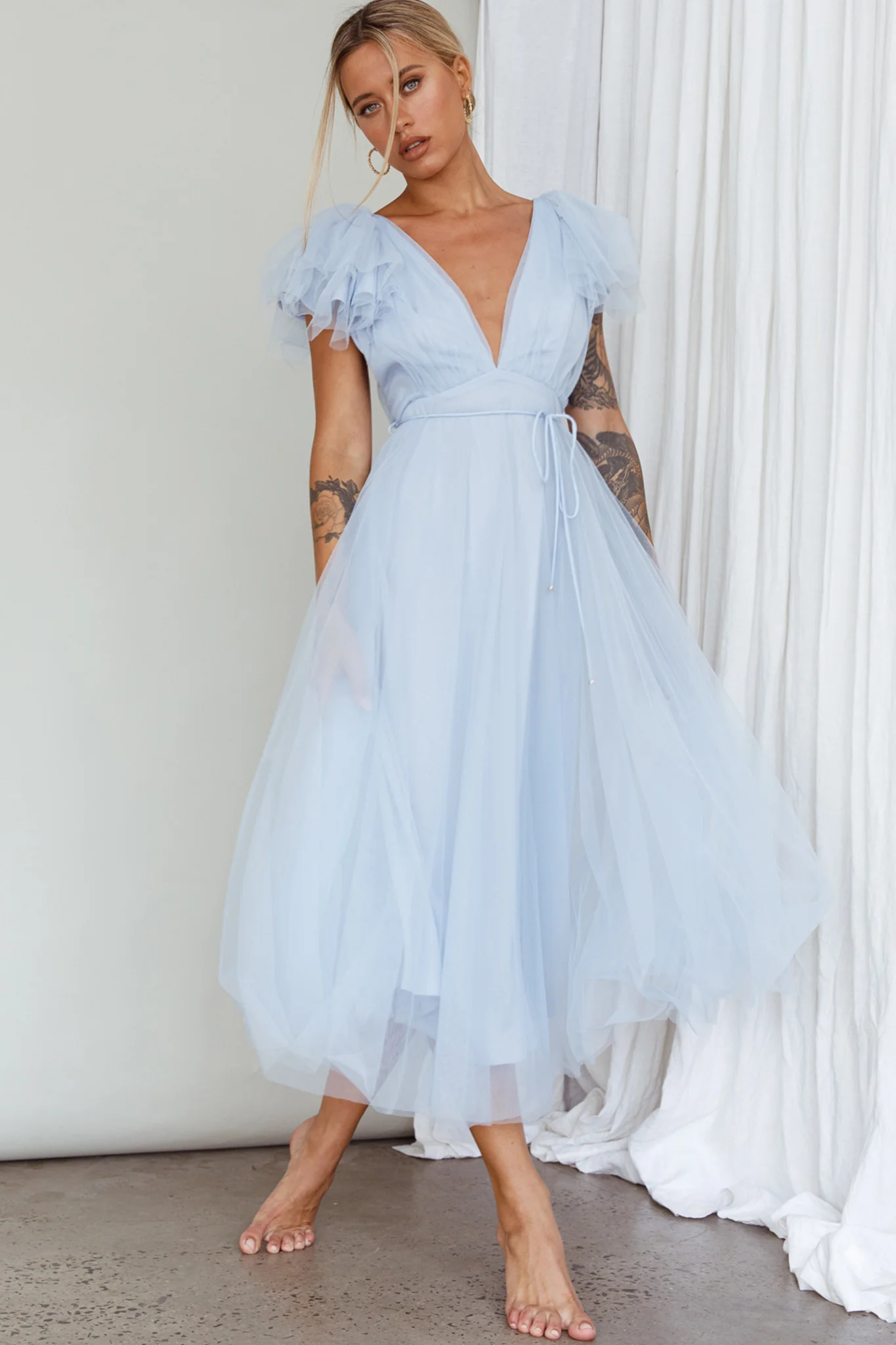 Leap Of Faith Frill Shoulder Tulle Midi Dress Blue - Image 6
