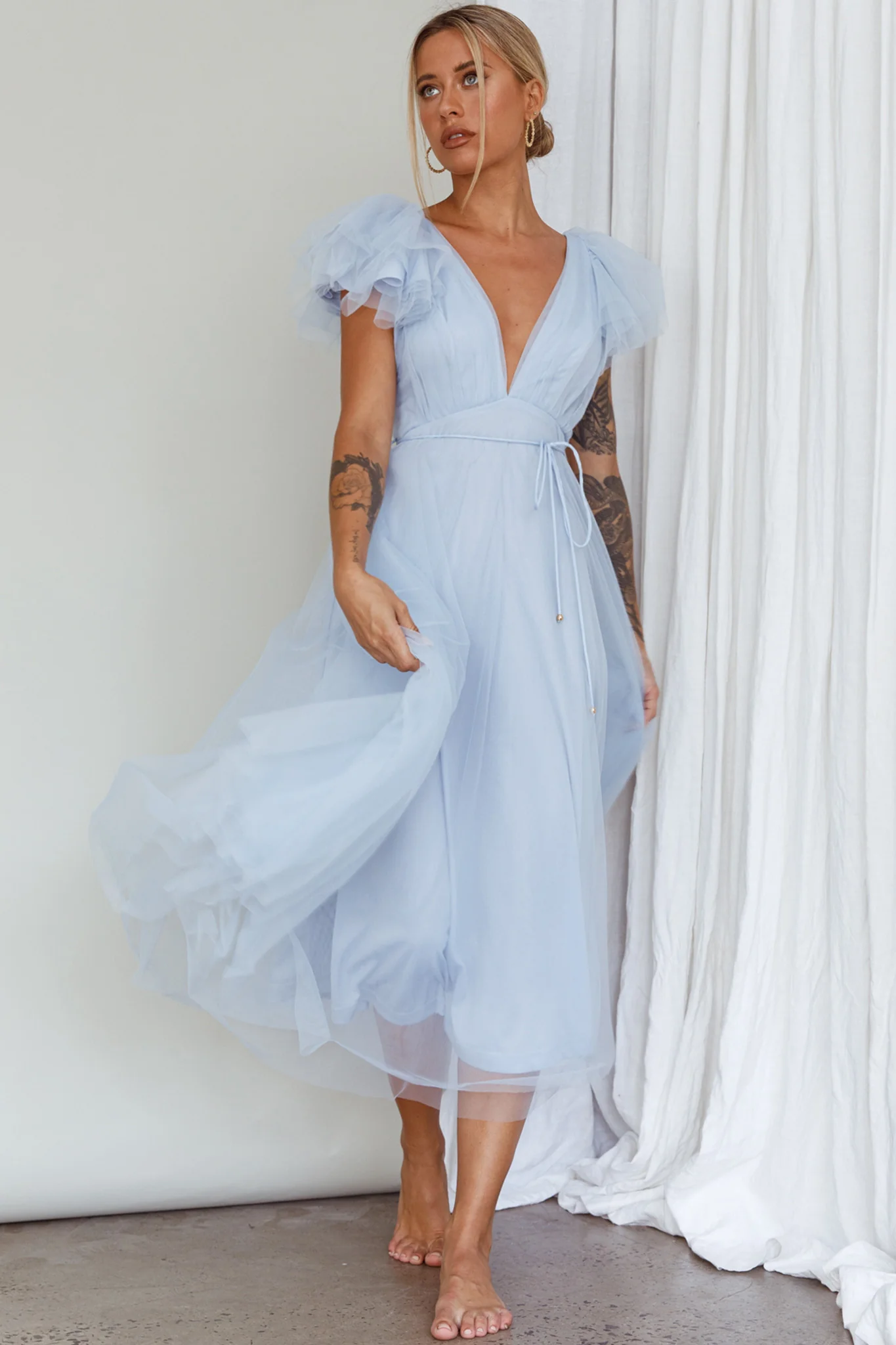 Leap Of Faith Frill Shoulder Tulle Midi Dress Blue - Image 7