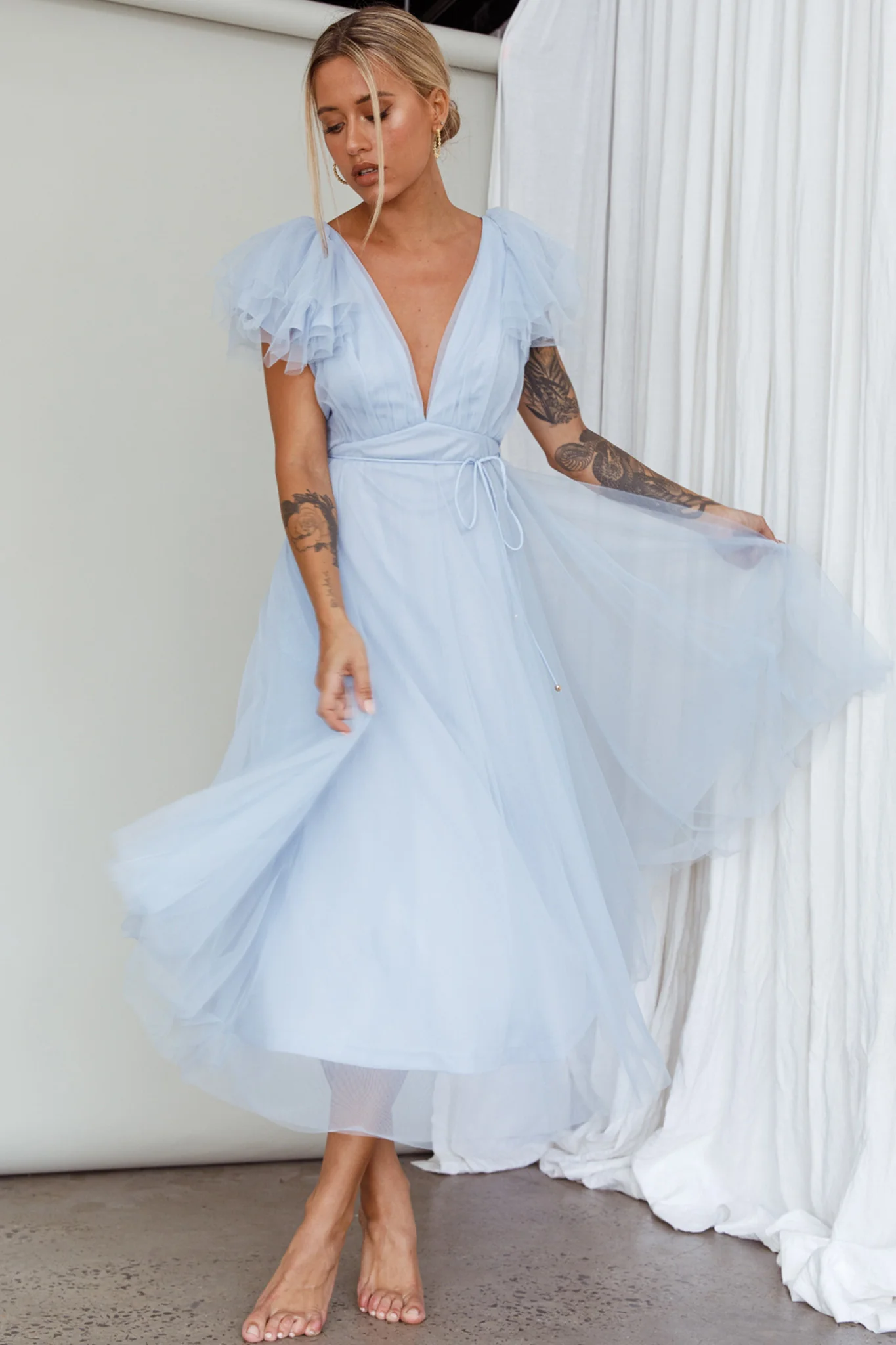 Leap Of Faith Frill Shoulder Tulle Midi Dress Blue - Image 8