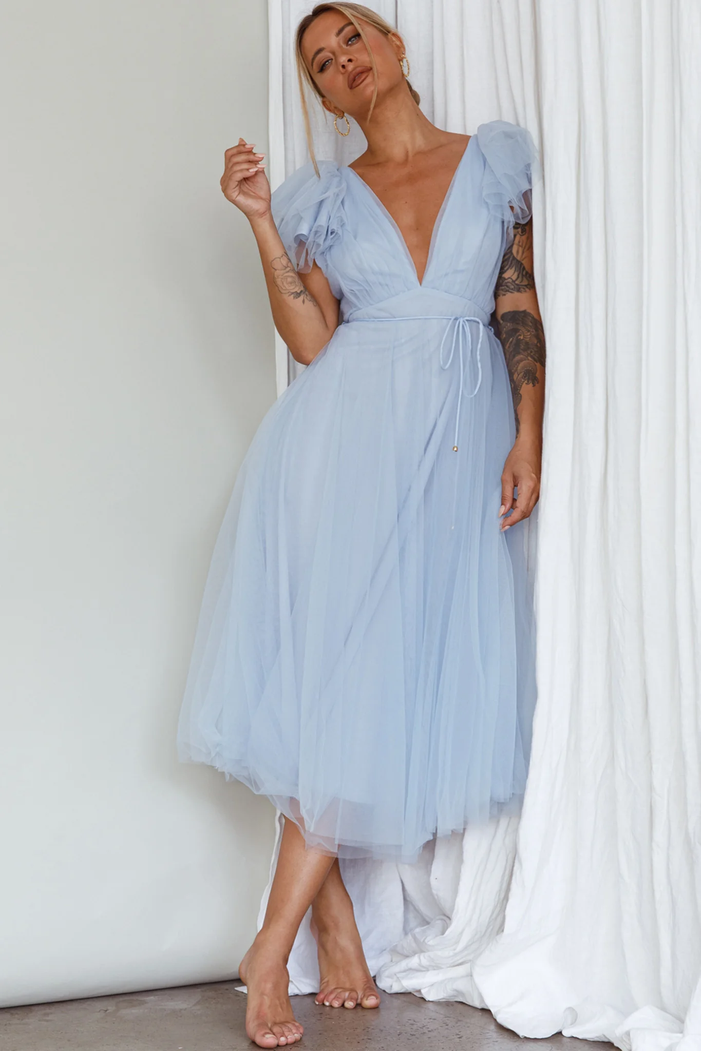 Leap Of Faith Frill Shoulder Tulle Midi Dress Blue - Image 9