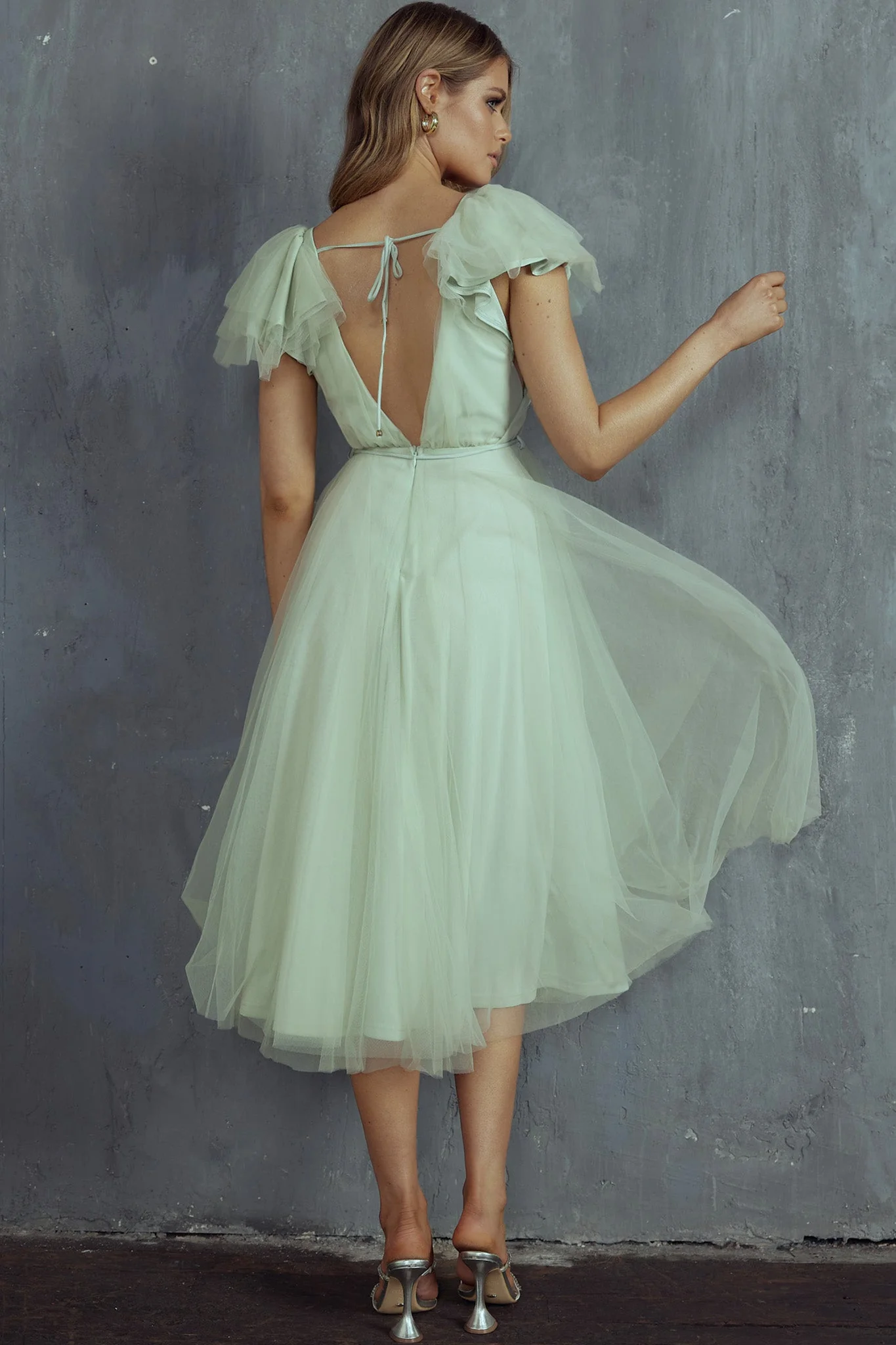 Leap Of Faith Frill Shoulder Tulle Midi Dress Pistachio - Image 2