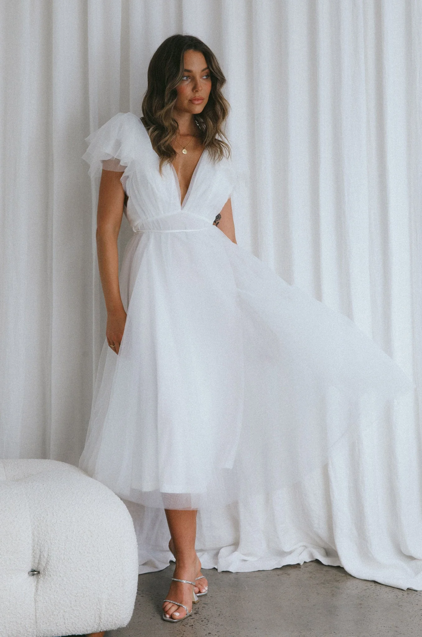 Leap Of Faith Frill Shoulder Tulle Midi Dress White - Image 10