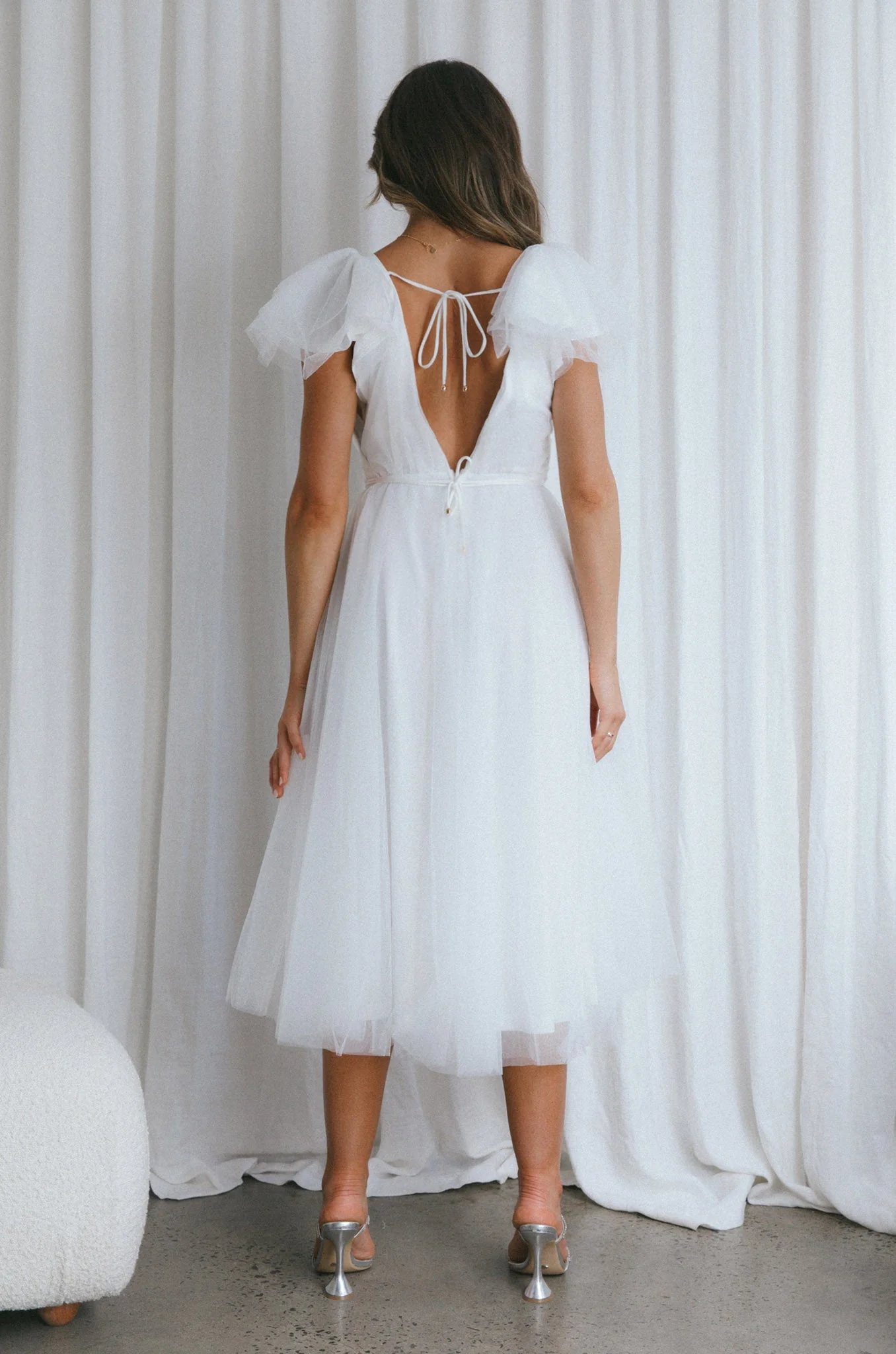 Leap Of Faith Frill Shoulder Tulle Midi Dress White - Image 14
