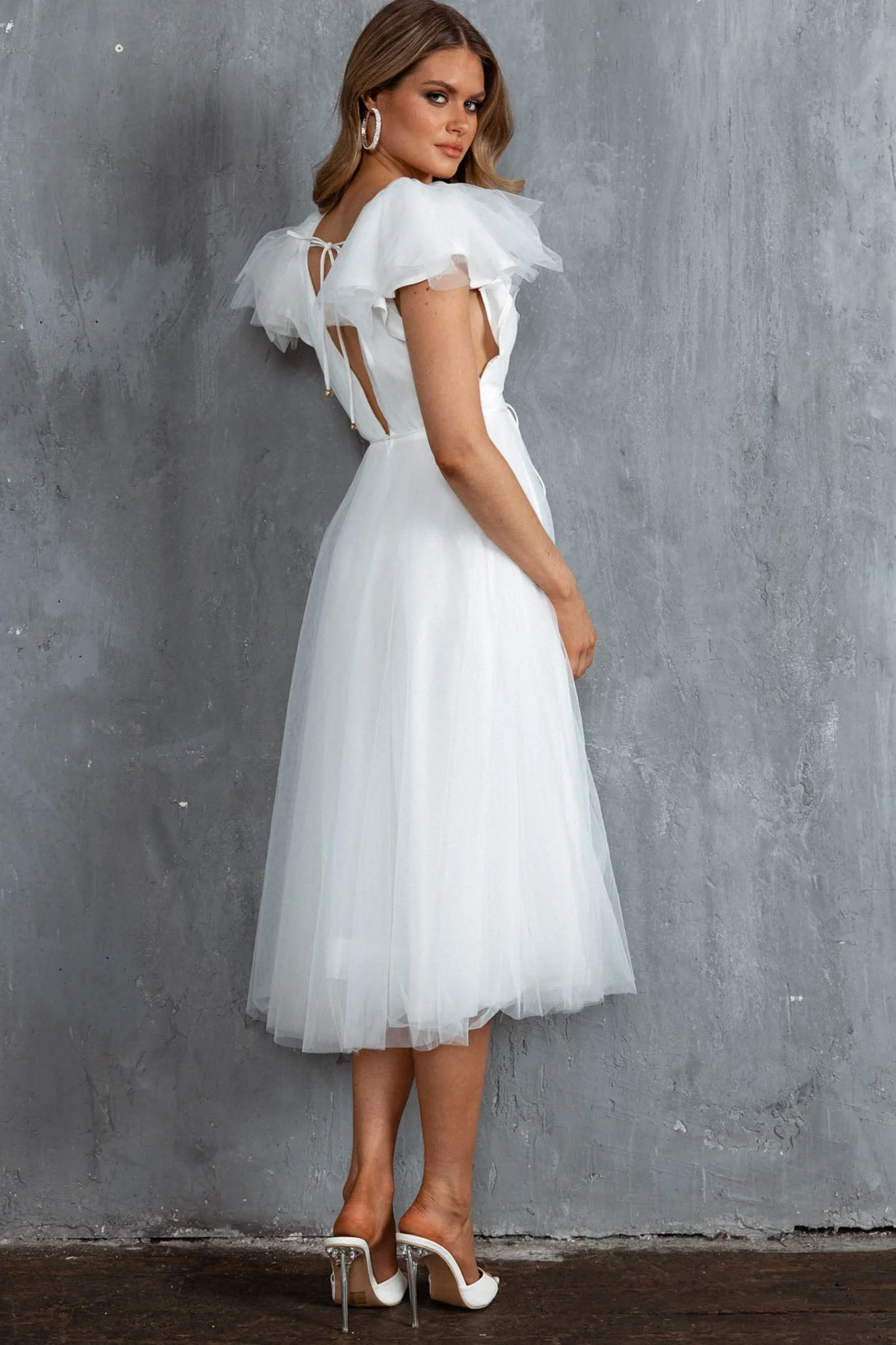 Leap Of Faith Frill Shoulder Tulle Midi Dress White - Image 2