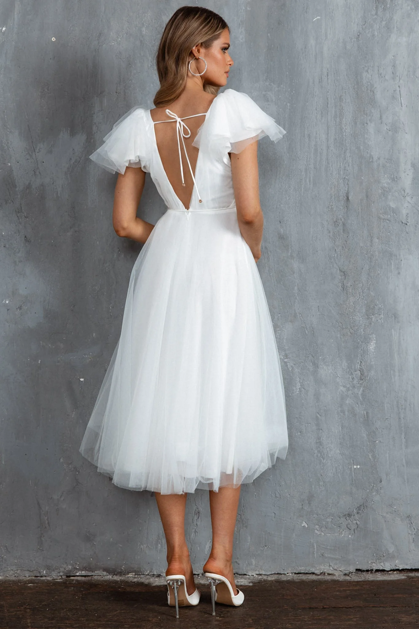 Leap Of Faith Frill Shoulder Tulle Midi Dress White - Image 5