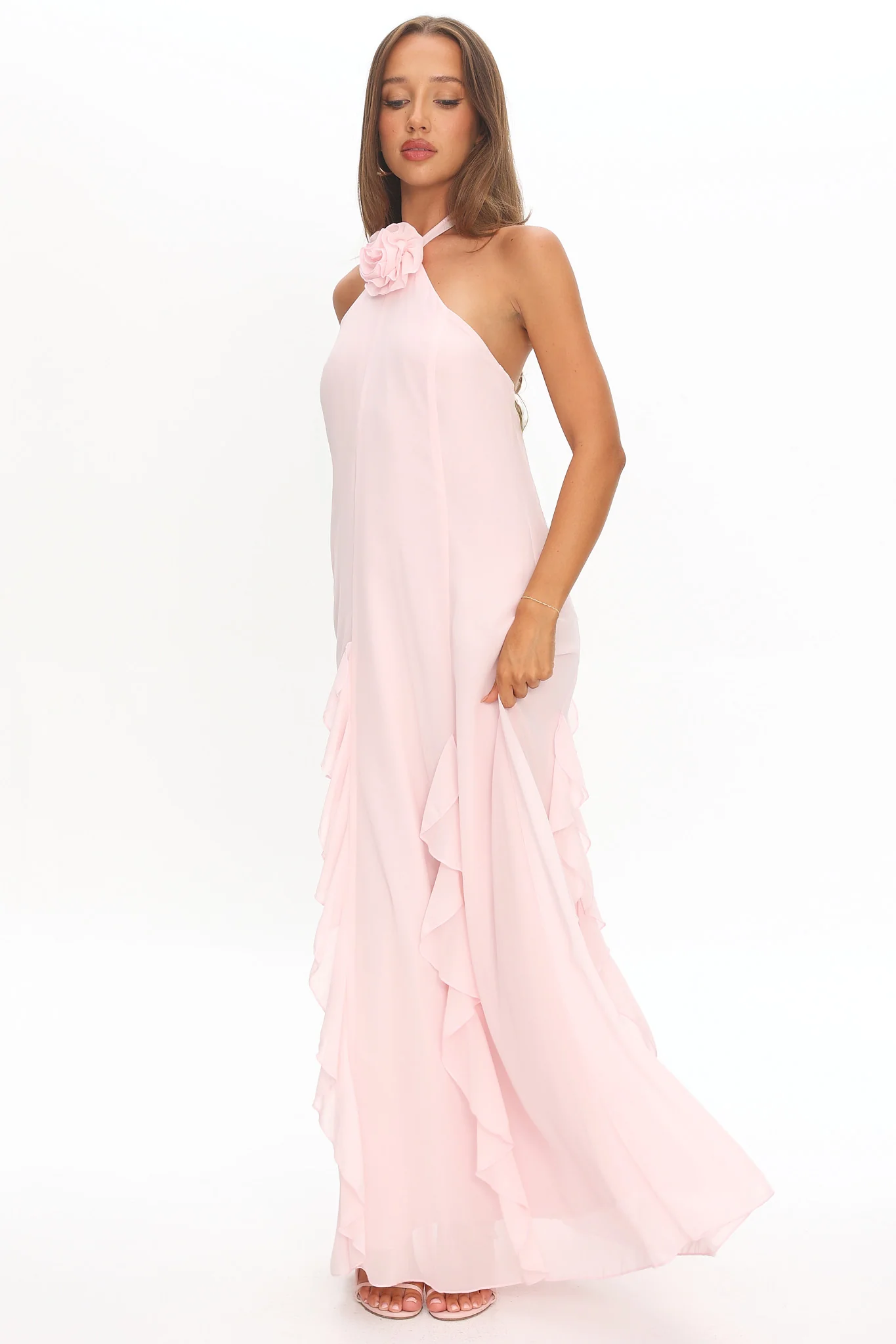 Lecce Halterneck Ruffle Trim Maxi Dress Blush - Image 4