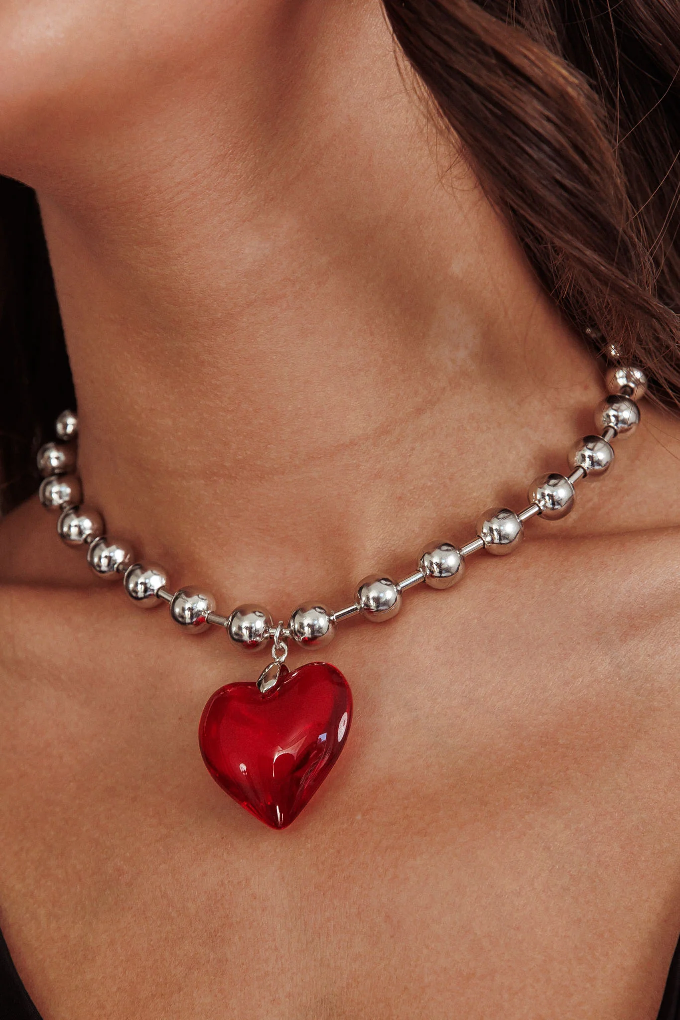 Lee Silver Bead Large Heart Necklace Red - Image 2