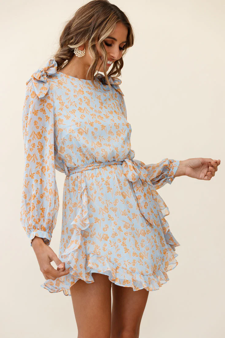 Leigh Long Sleeve Waist Tie Dress Floral Print Blue/Orange - Image 6