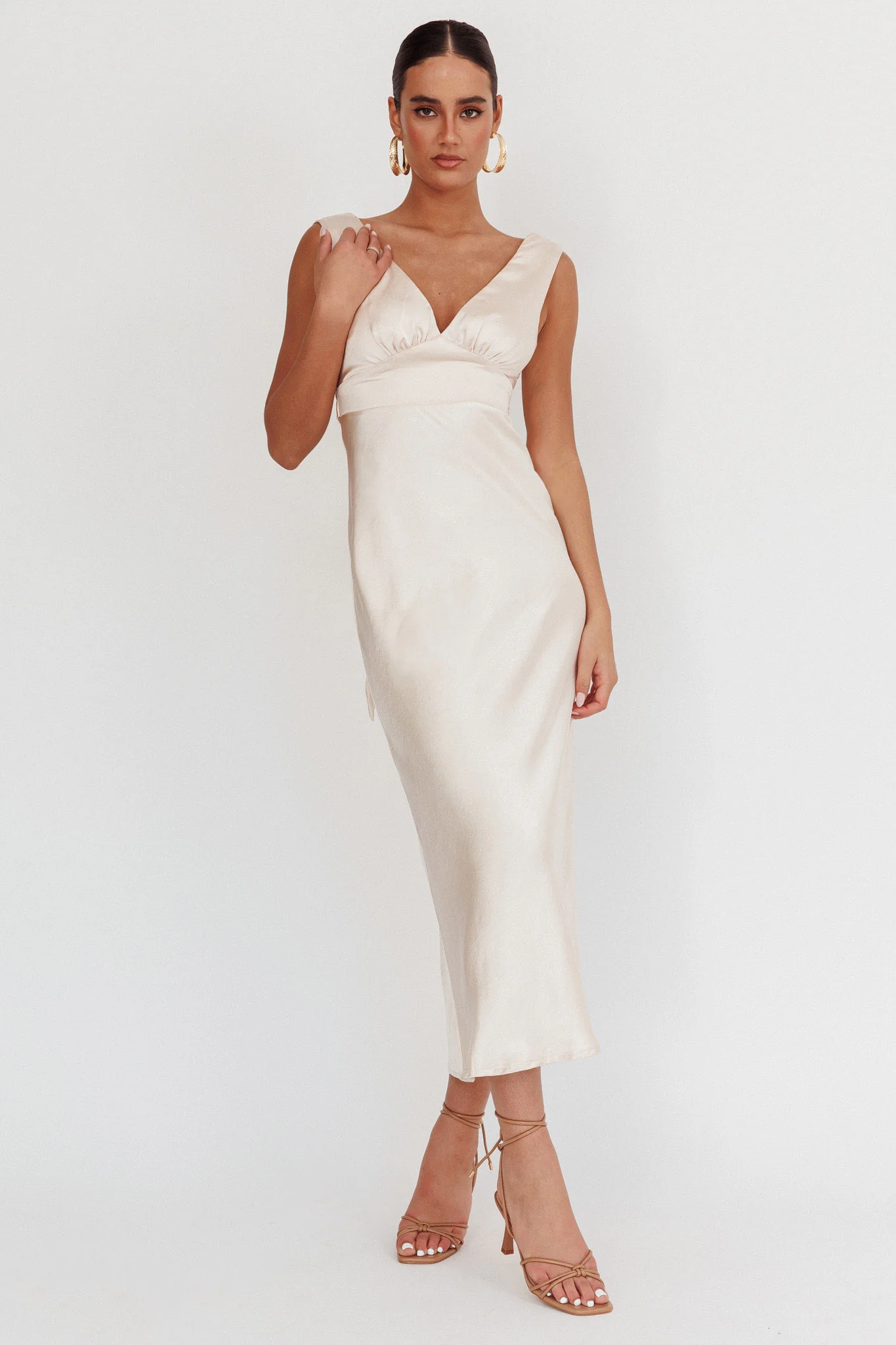 Leila V-Neck Low Back Satin Midi Dress Ivory - Image 3