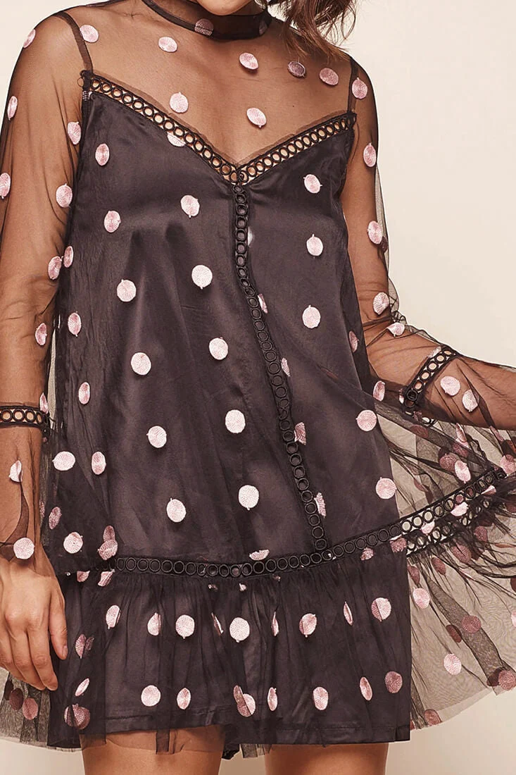 Lena Sheer Overlay Polka Dot Romper Dress Black/Pink - Image 6