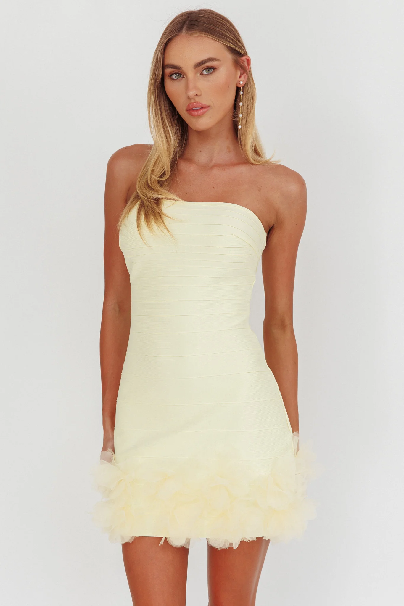Leni Strapless Embellished Hem Mini Dress Lemon - Image 5