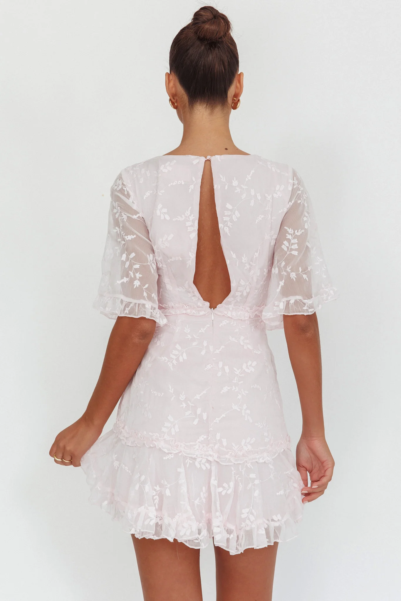 Leona Half Sleeve Frill Trim Dress Embroidered Blush - Image 2