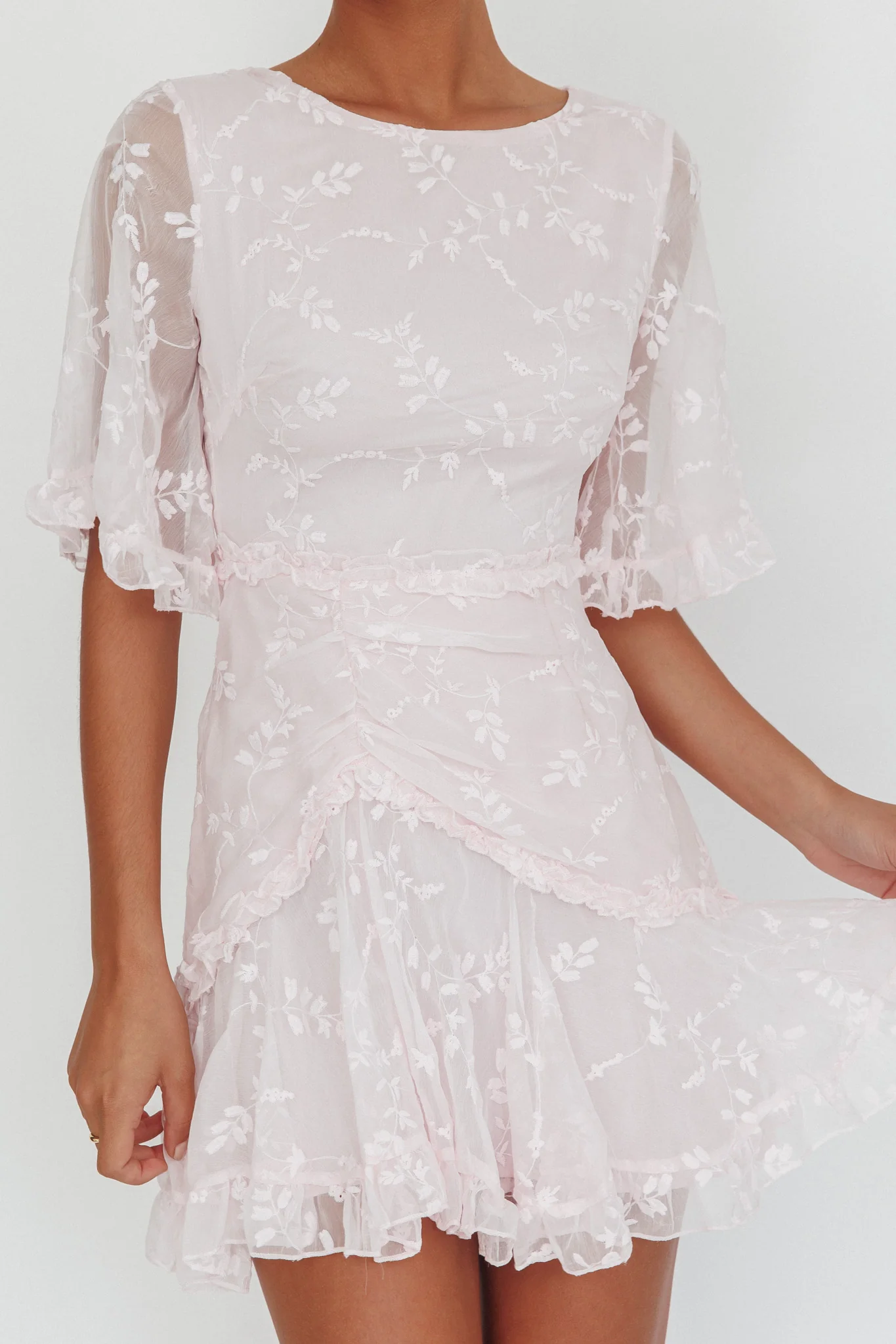Leona Half Sleeve Frill Trim Dress Embroidered Blush - Image 3