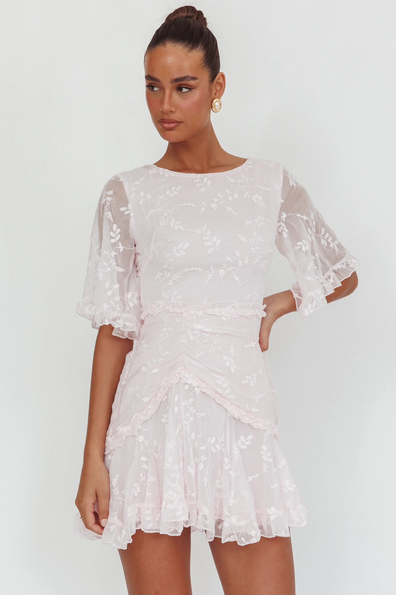 Leona Half Sleeve Frill Trim Dress Embroidered Blush - Image 5