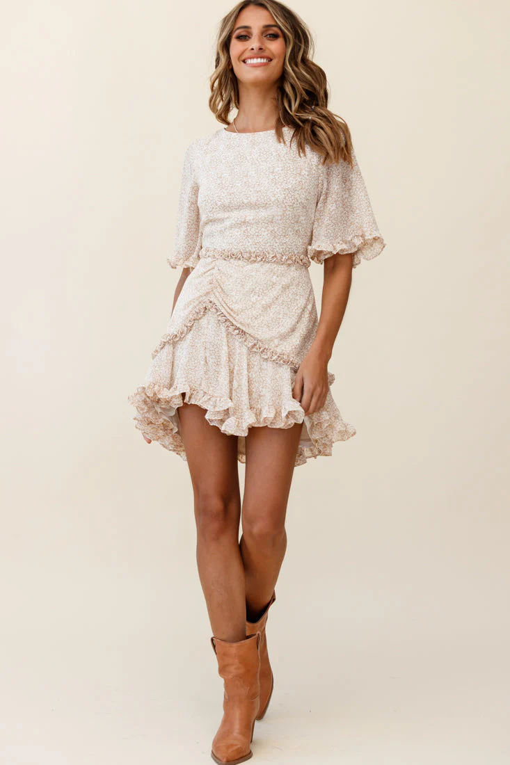 Leona Half Sleeve Frill Trim Dress Floral Print Beige - Image 3