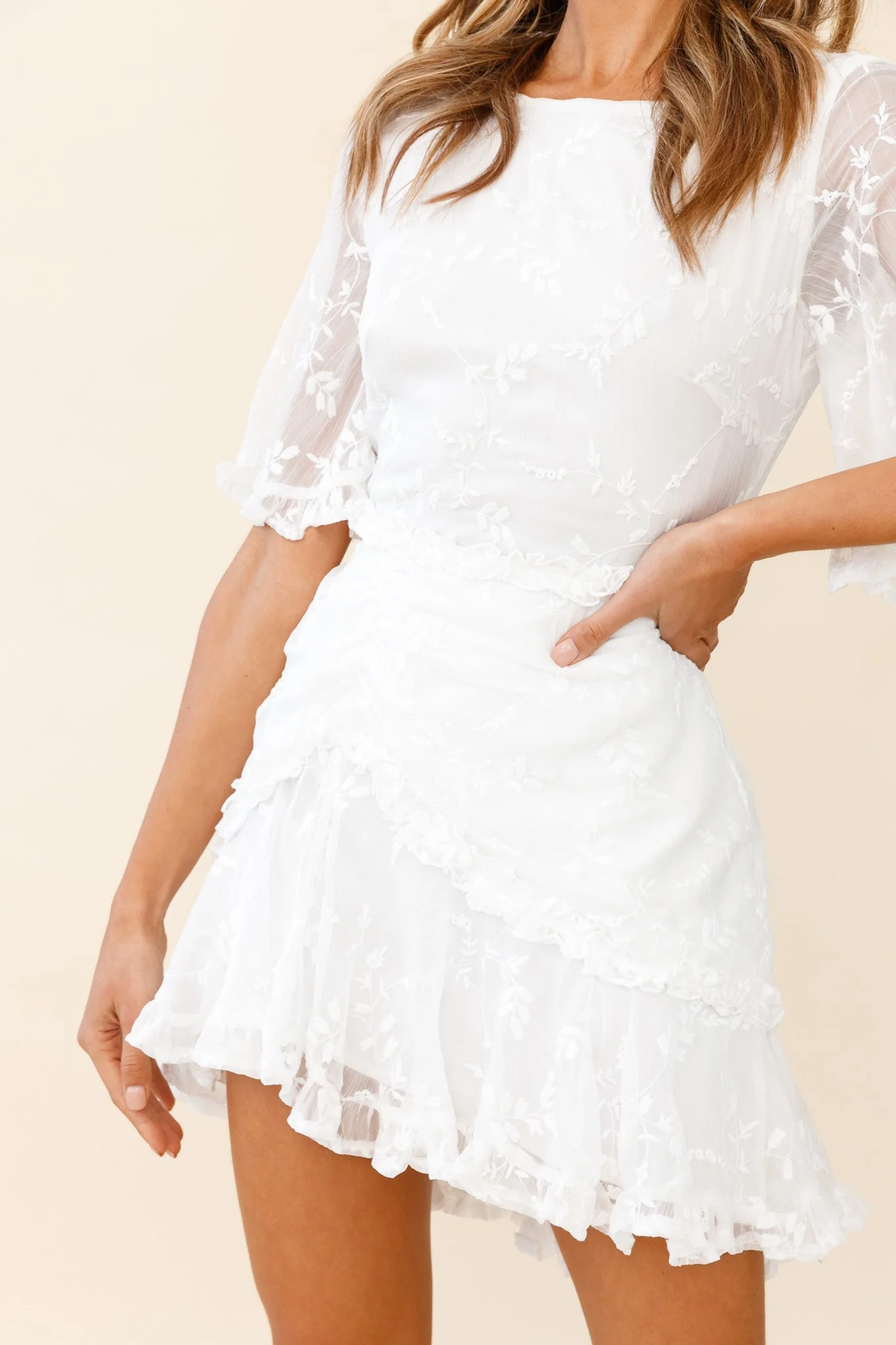 Leona Half Sleeve Frill Trim Dress Leaf Embroidered White - Image 4