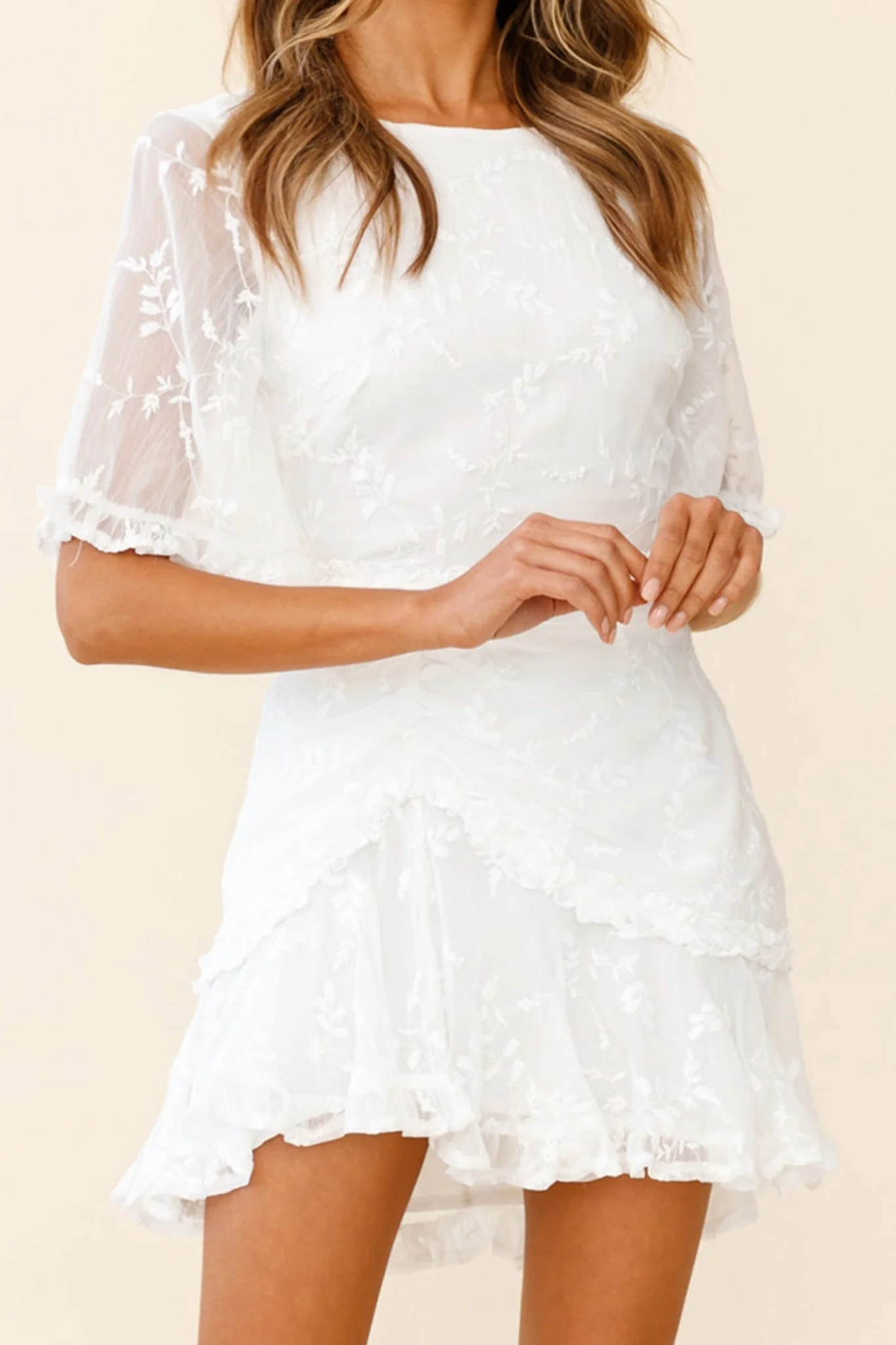 Leona Half Sleeve Frill Trim Dress Leaf Embroidered White - Image 6