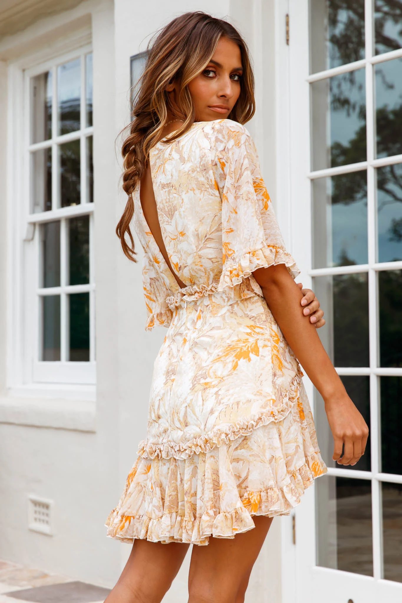 Leona Half Sleeve Frill Trim Dress Leaf Print Yellow Multi - Image 5