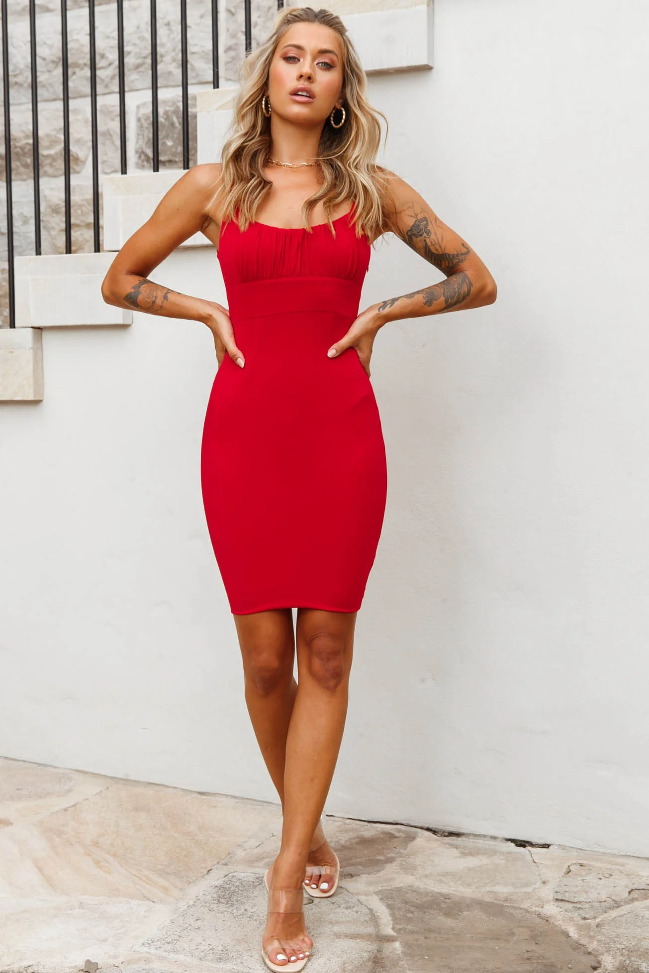 Let The Light In Ruched Bust Bodycon Mini Dress Red - Image 4