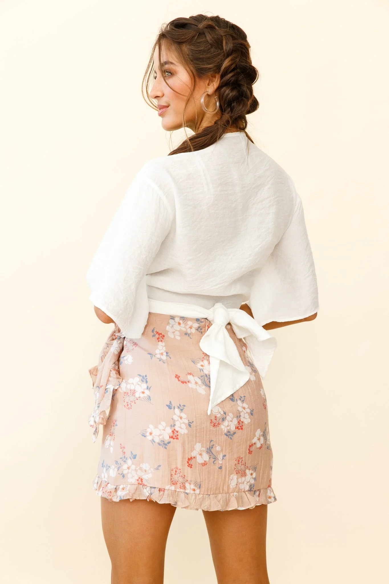 Liana Frill Trim Wrap Style Skirt Floral Print Mocha - Image 3