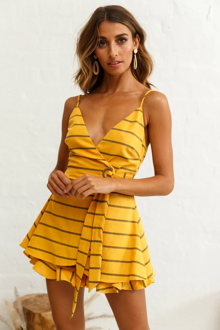 Libra Crossover Wrap Romper Stripe Print Mustard - Image 5
