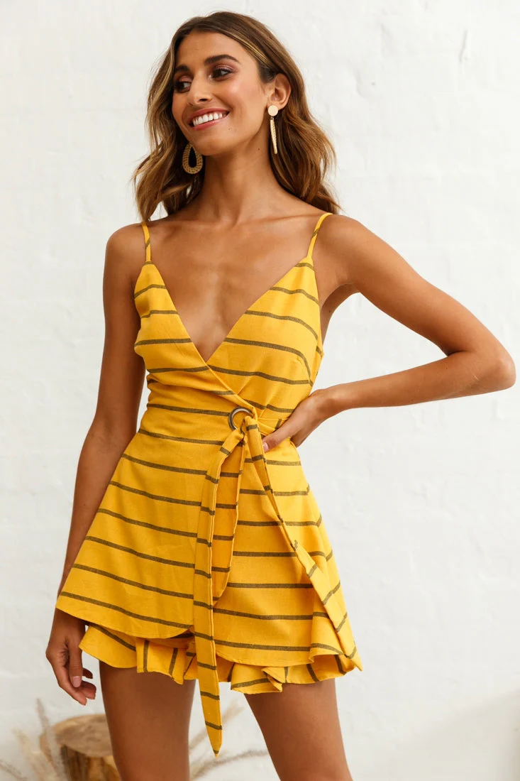 Libra Crossover Wrap Romper Stripe Print Mustard - Image 6