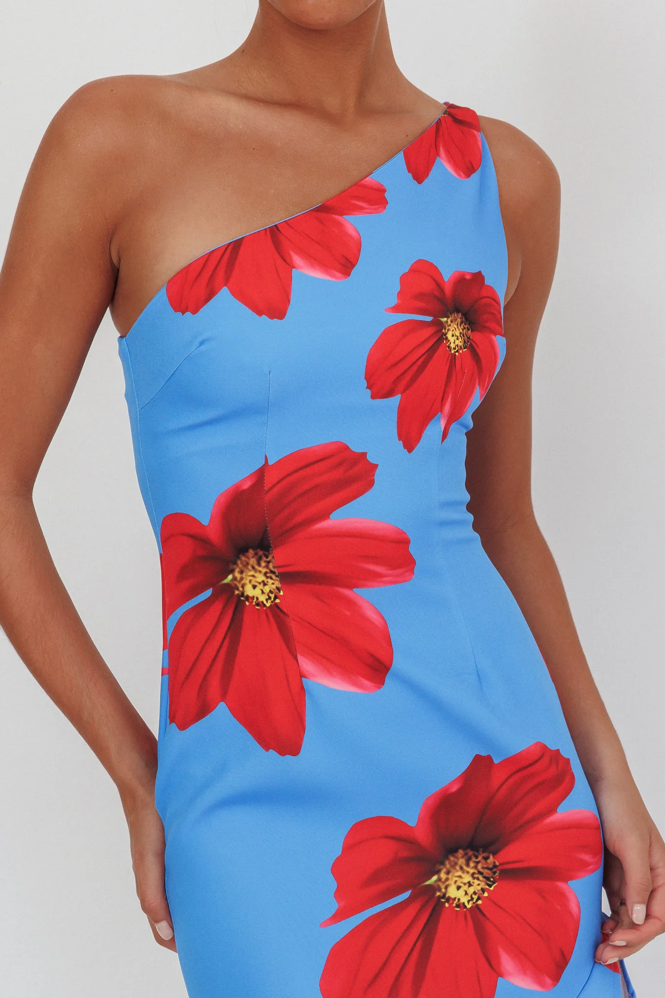 Lights On One-Shoulder Ruffle Hem Maxi Dress Floral Blue - Image 3