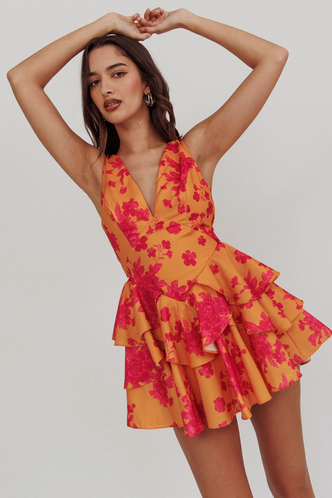 Like Me V-Neck Tied Back Floral Romper Orange - Image 2
