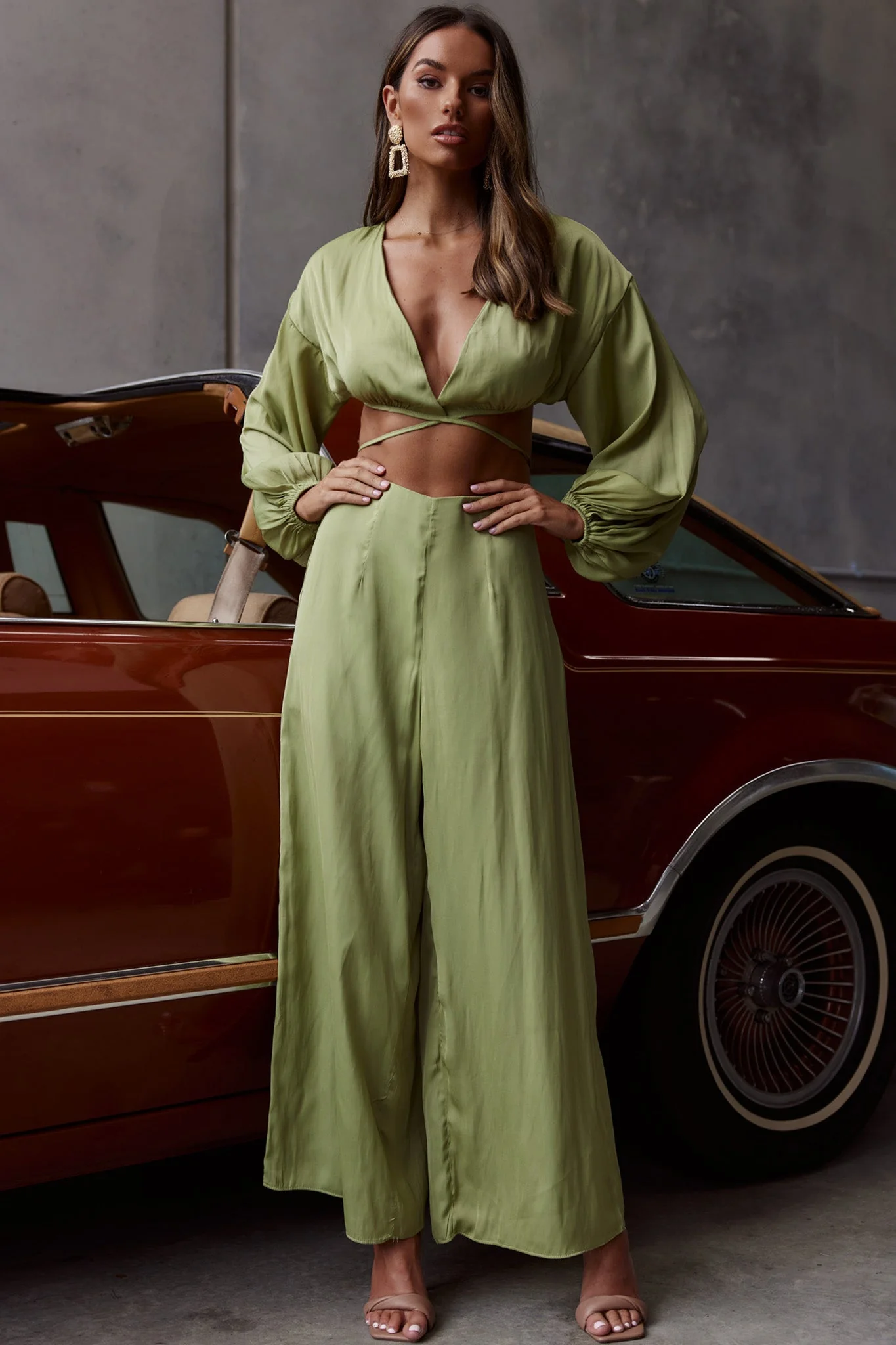 Lilian Long Sleeve Crop Top Olive - Image 3