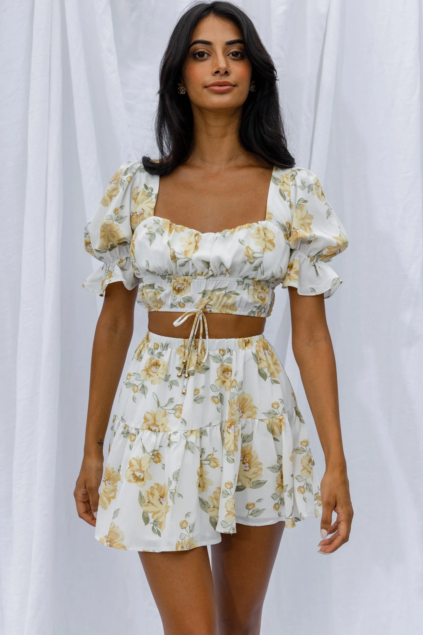 Lilibet Puff Sleeve Drawstring Crop Top Floral White - Image 8