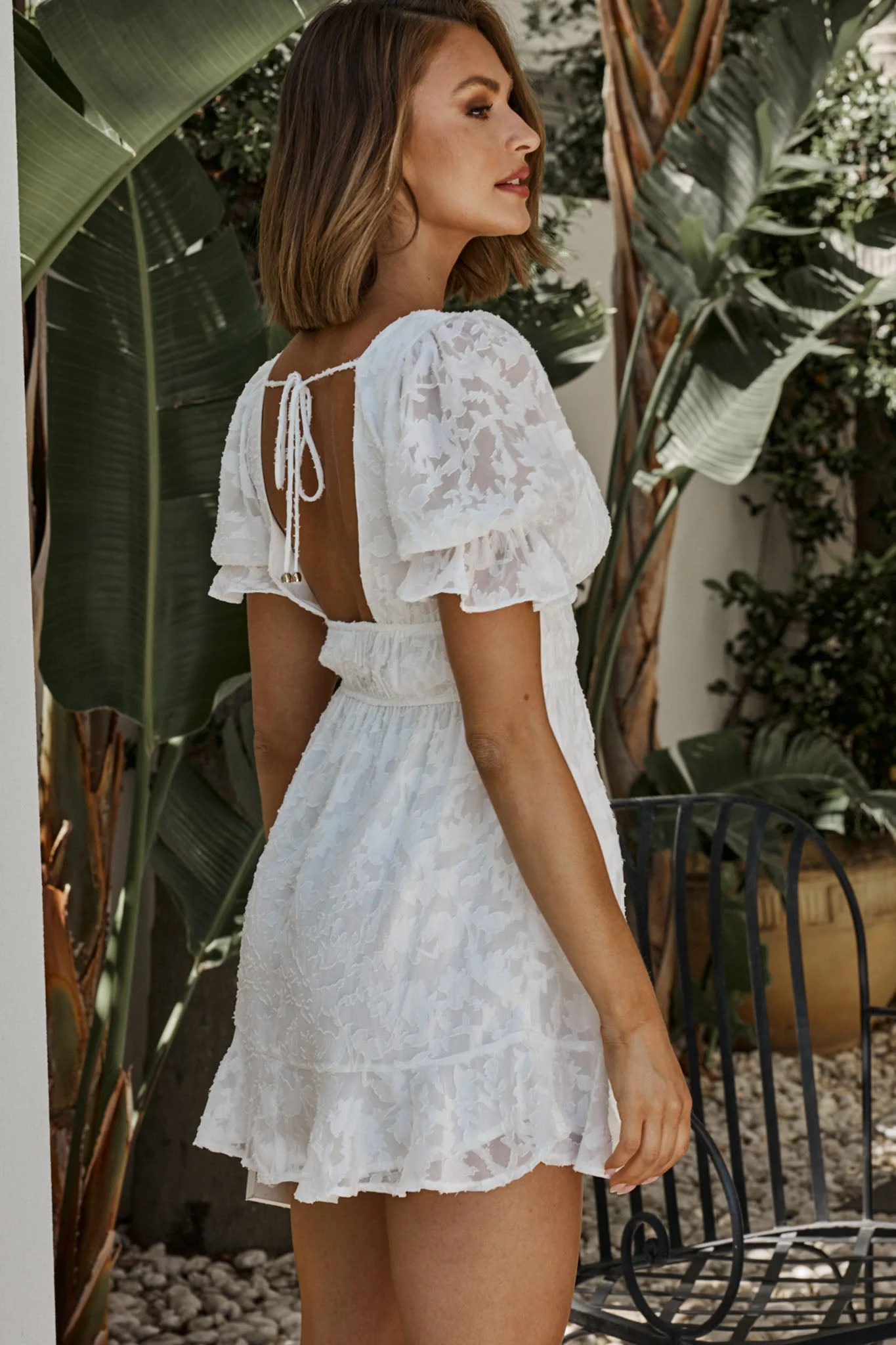 Lilibet Puff Sleeve Elasticated Waist Textured Dress White - Image 7