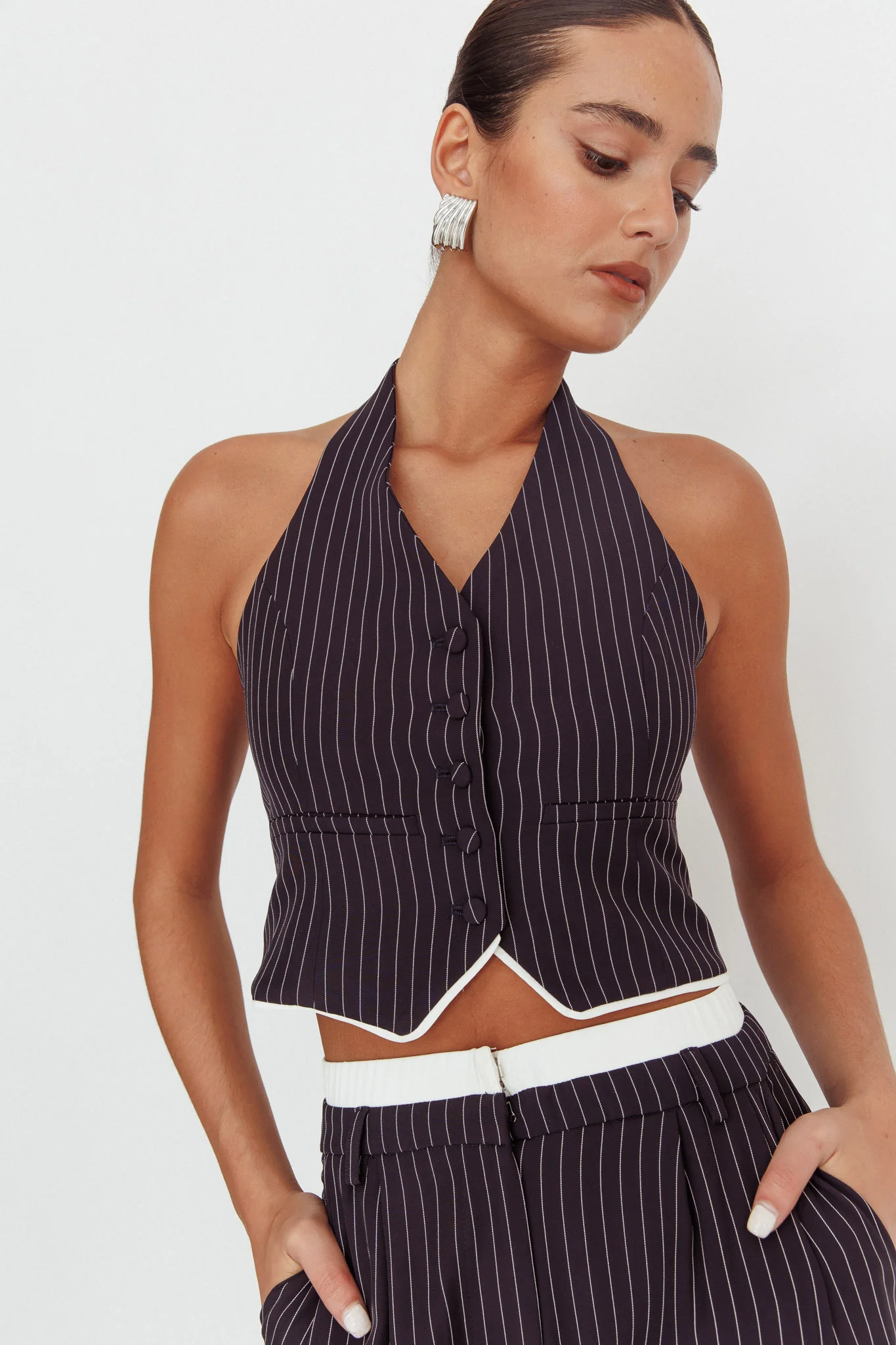 Lilija Pinstripe Halter Neck Vest Navy - Image 2