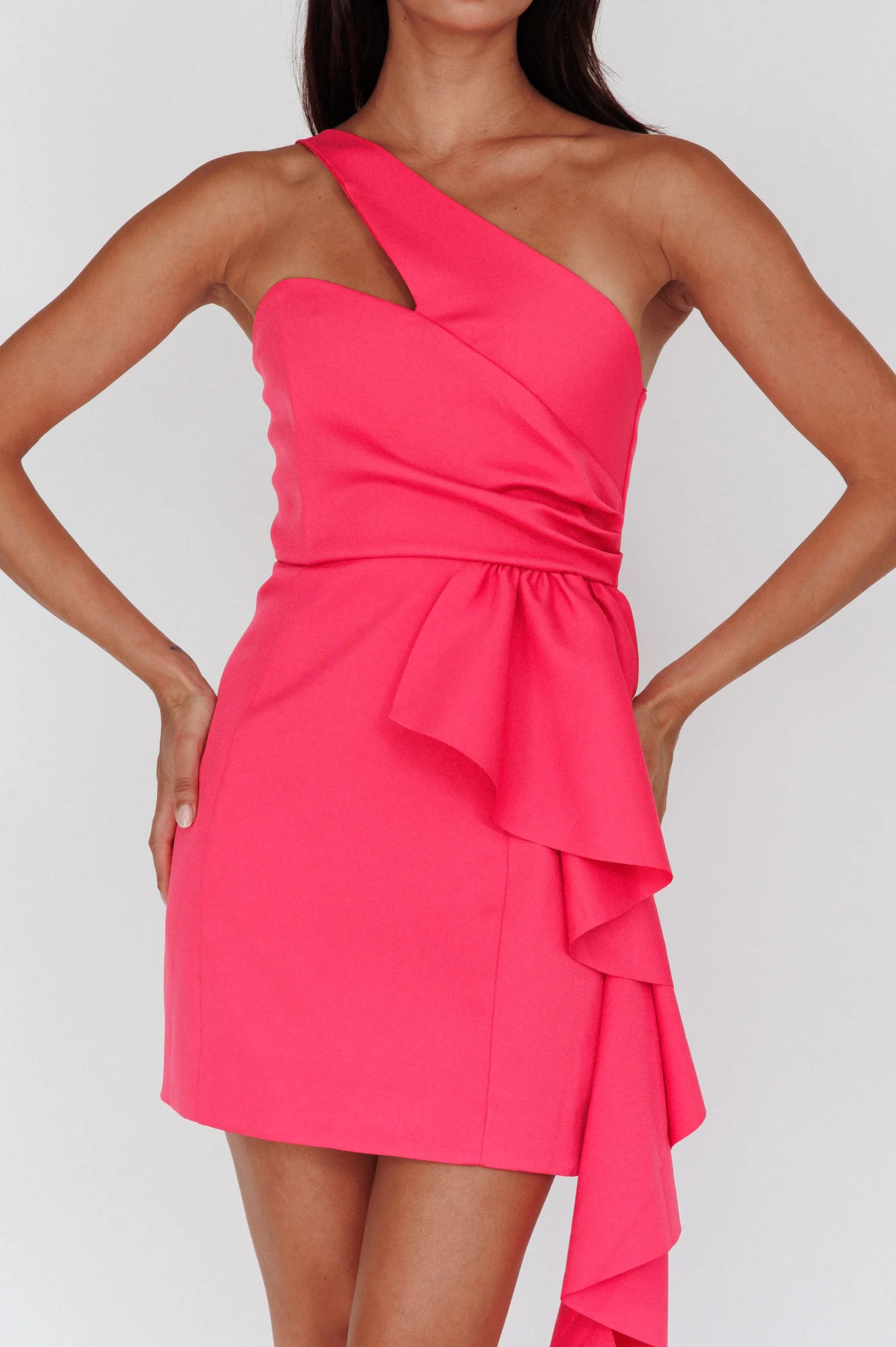 Lilleth One Shoulder Frill Feature Mini Dress Hot Pink - Image 4