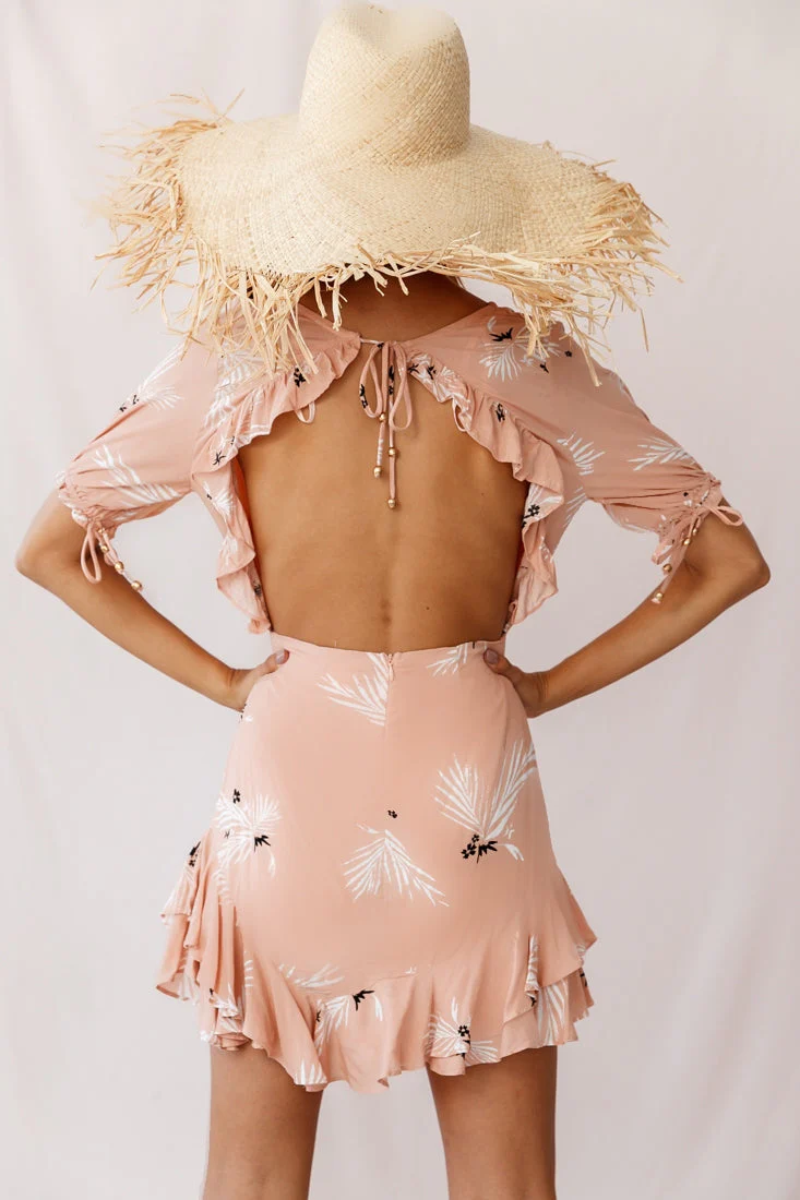 Lilo Surplice Neckline Cut-Out Back Dress Botanic Print Nude - Image 4