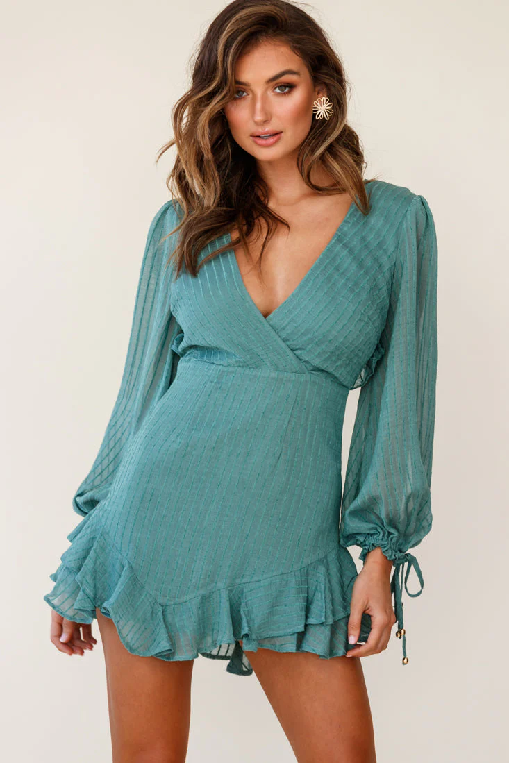 Lilo Surplice Neckline Cut-Out Back Dress Thin Stripe Green - Image 5